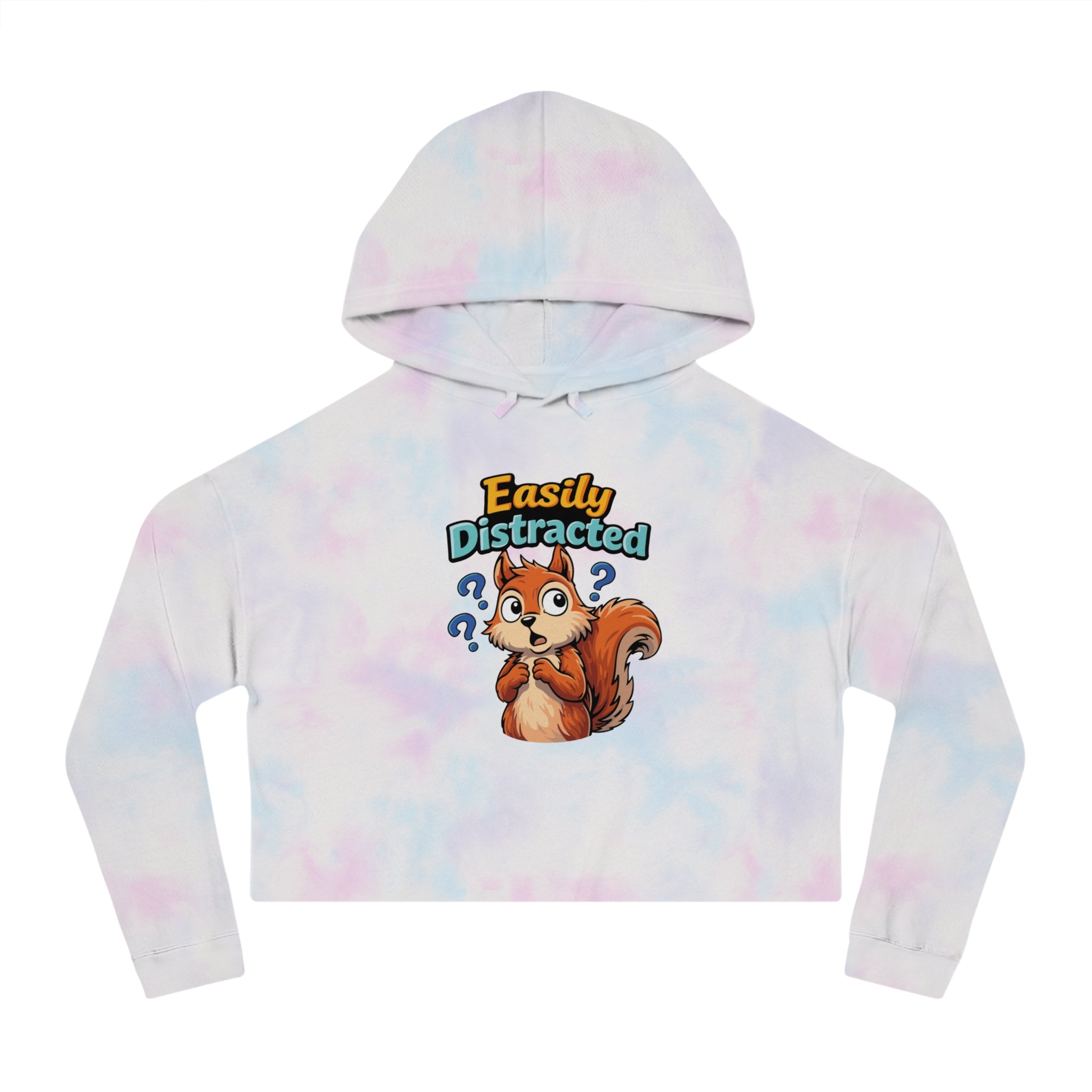 Cropped hoodie with cartoon squirrel asking "Easily Distracted?"