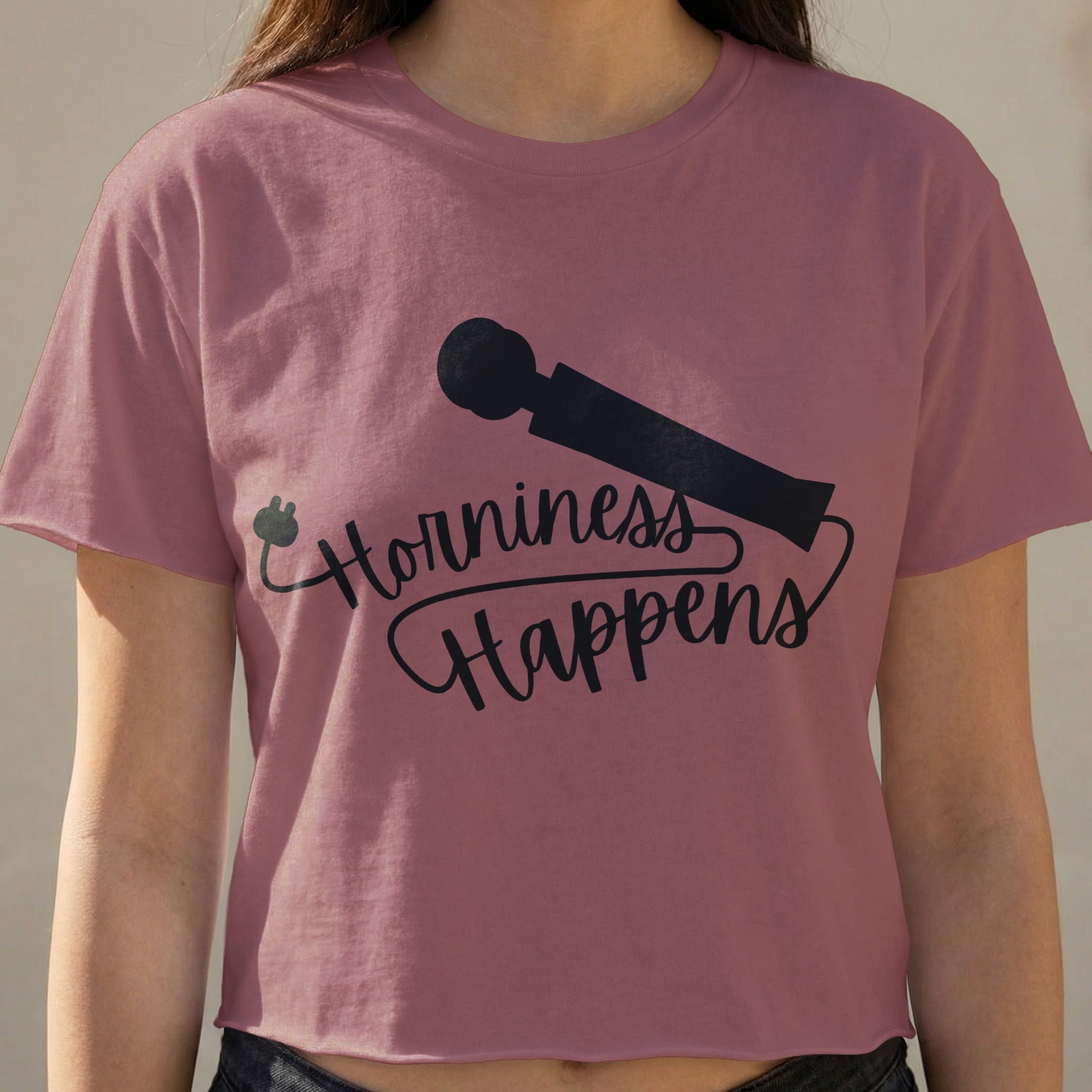 Cropped t-shirt with "Horniness Happens" text and a silhouette of a massager.