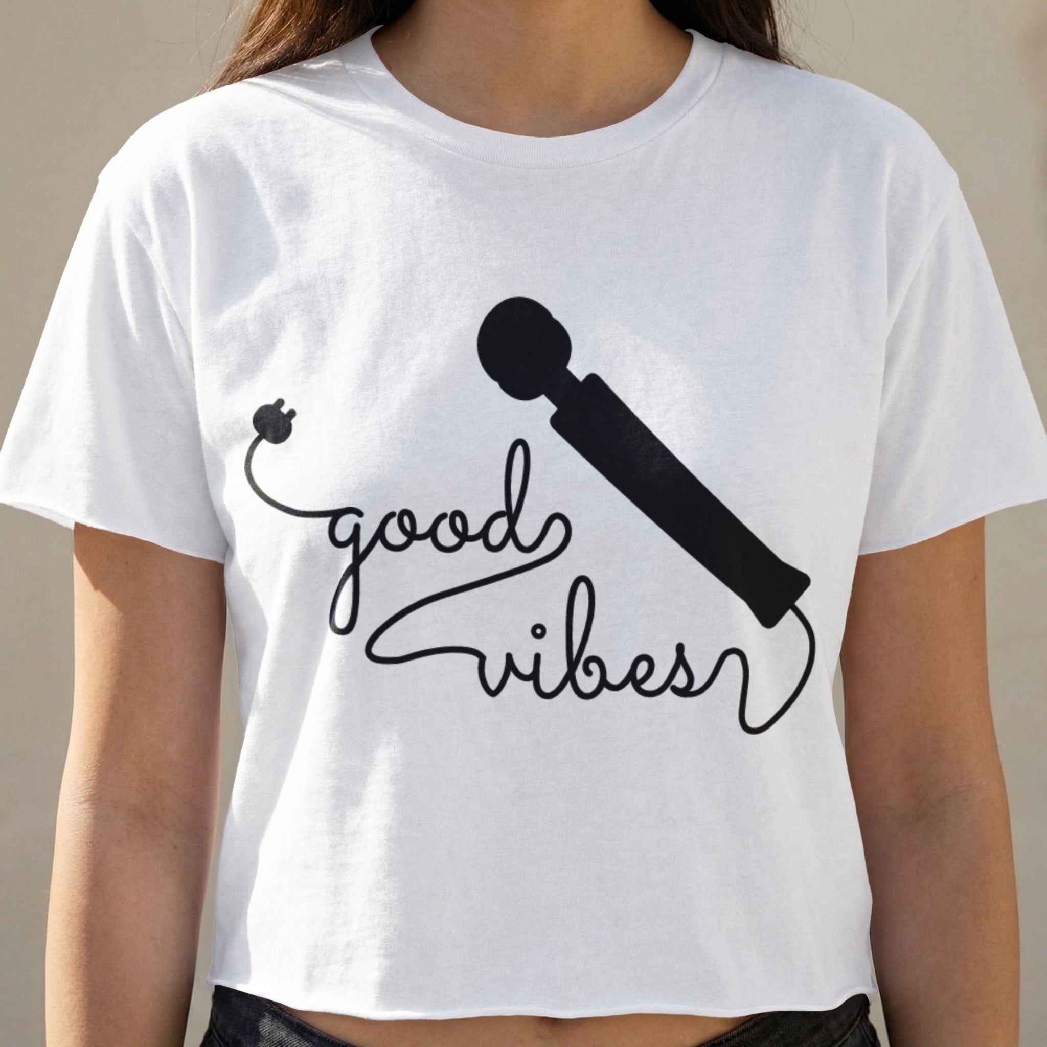 White t-shirt with "good vibes" text and a vibrator illustration.