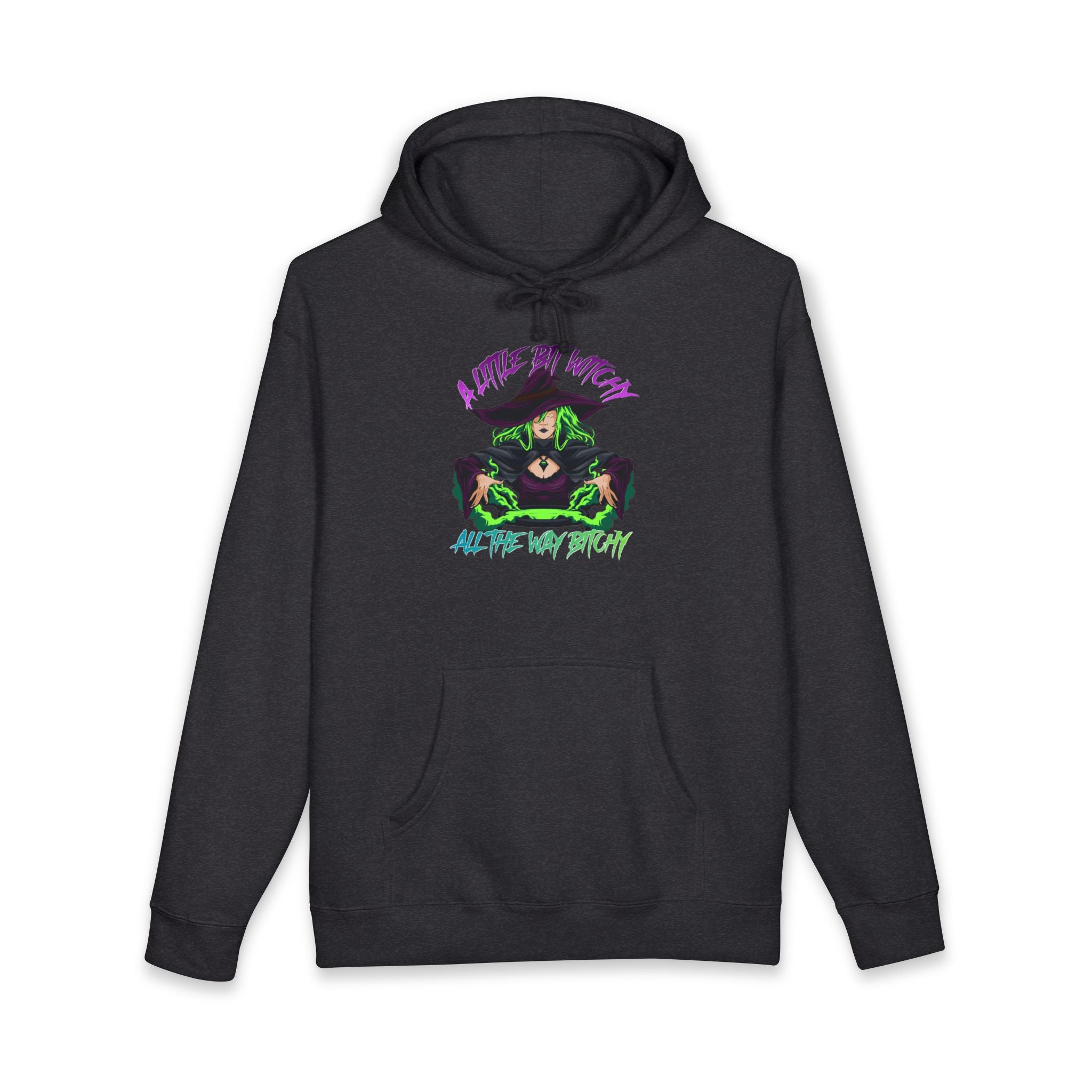 Dark charcoal hoodie with a purple and green witch illustration and text.
