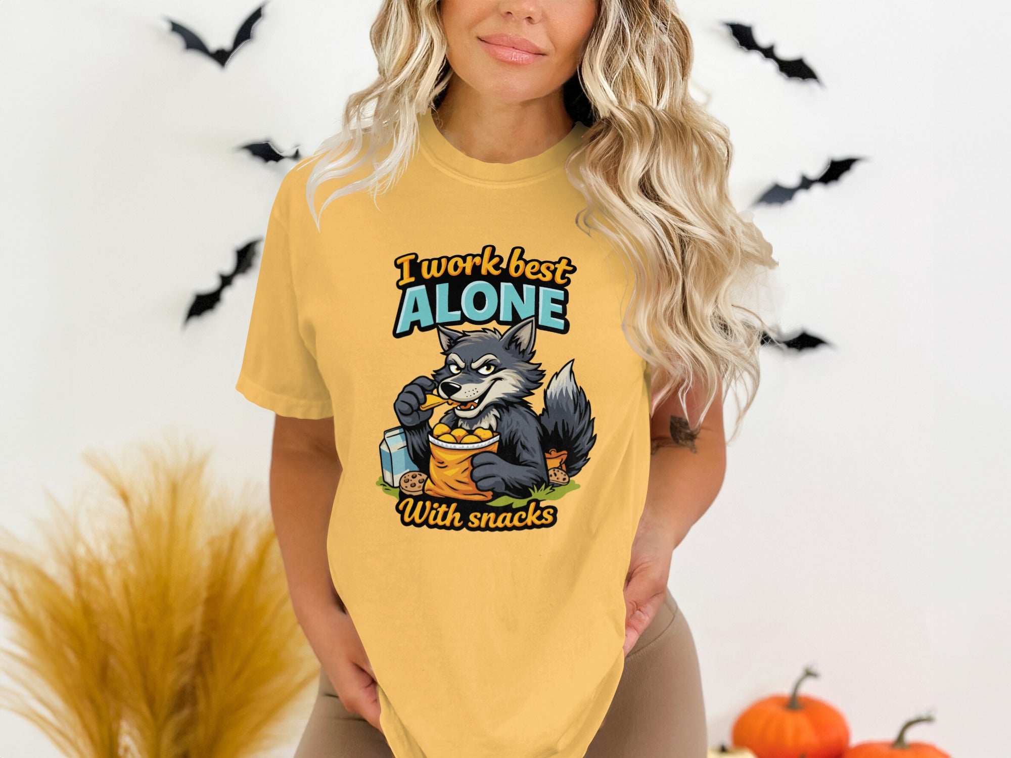 I Work Best Alone Wolf Eating Snacks Graphic Tee