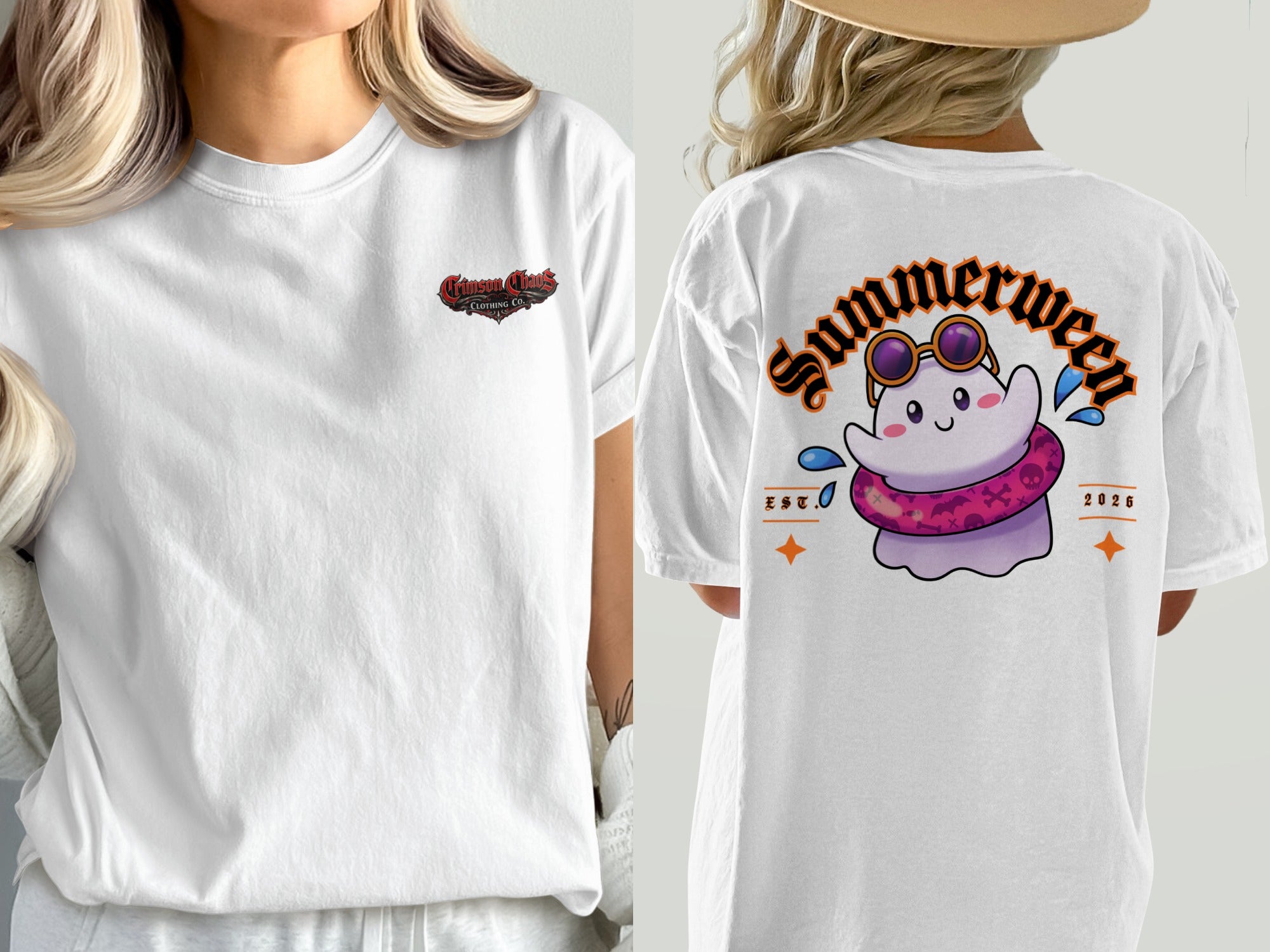 White t-shirt with "Crimson Chaos Clothing Co." logo and a cartoon ghost with sunglasses and a float.