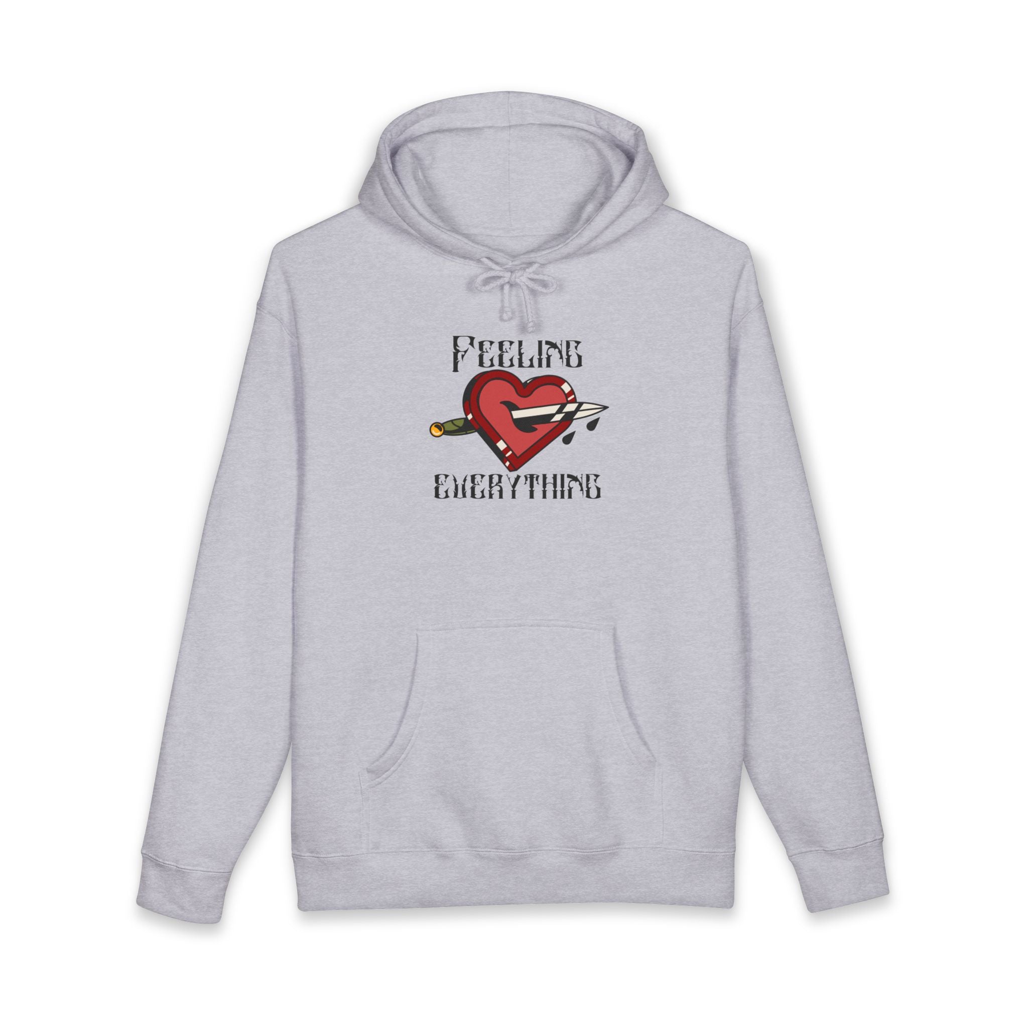 Light grey hoodie with a heart pierced by a dagger graphic and "FEELING EVERYTHING" text.