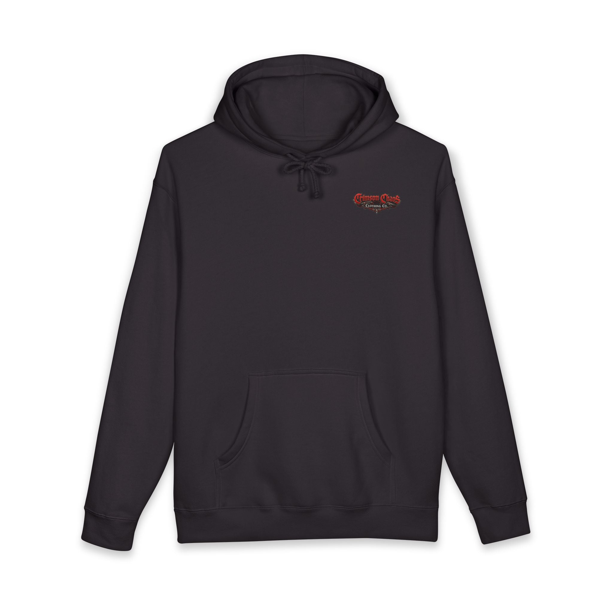 Black hoodie with "Crimson Chaos Clothing Co." logo on the chest.