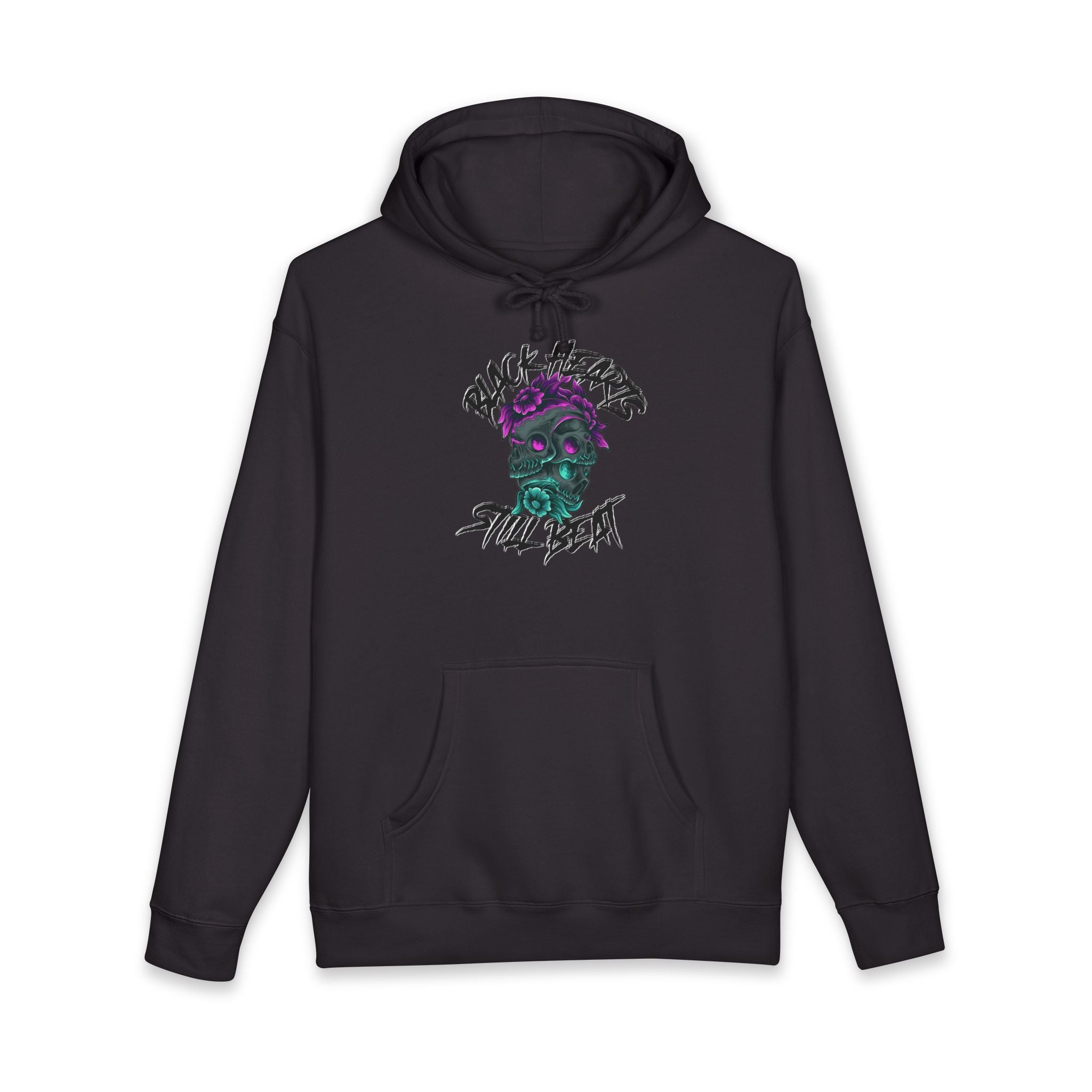 Black hoodie with a graphic of a skull adorned with flowers and text.