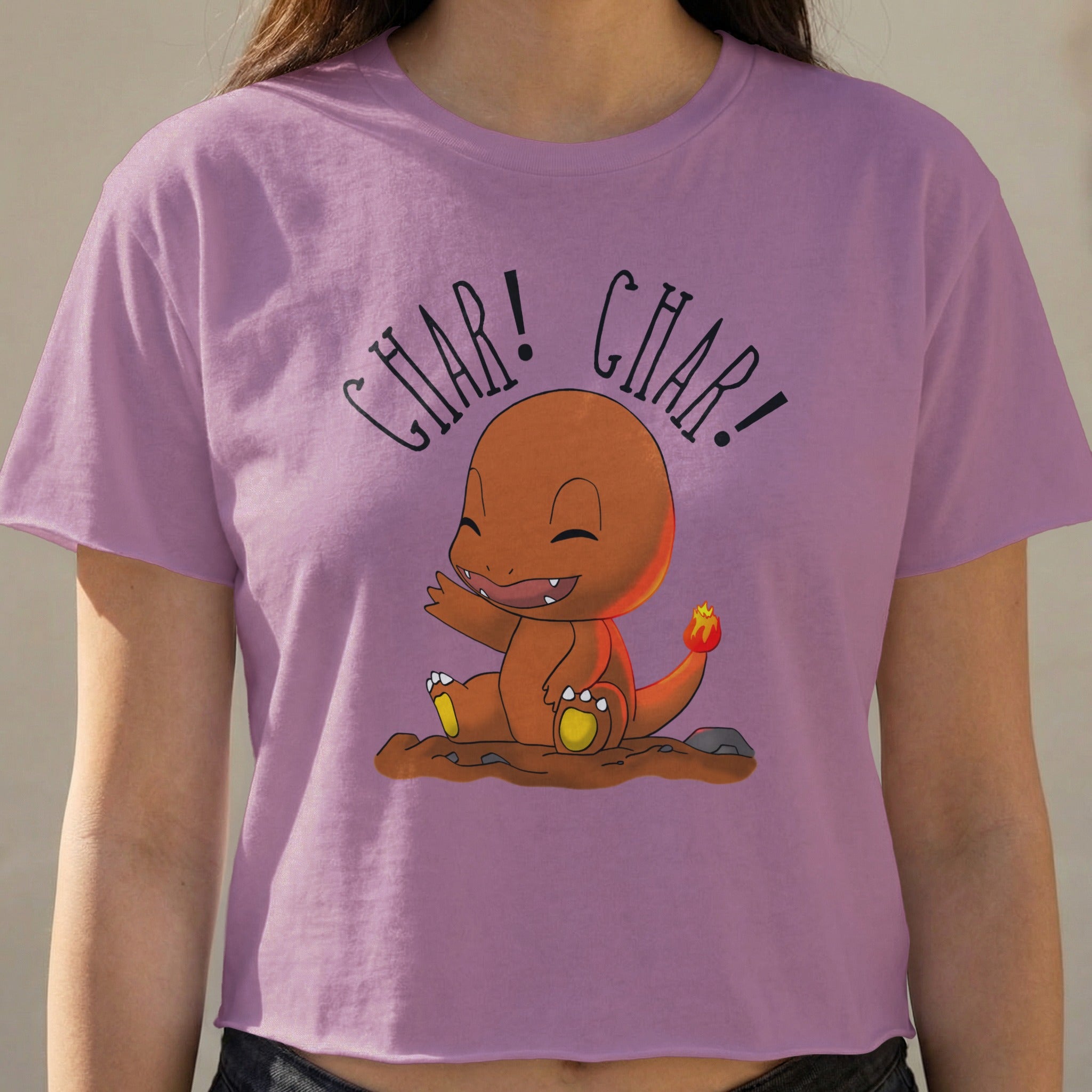 Charmander character with "Char! Char!" text on a purple crop top.