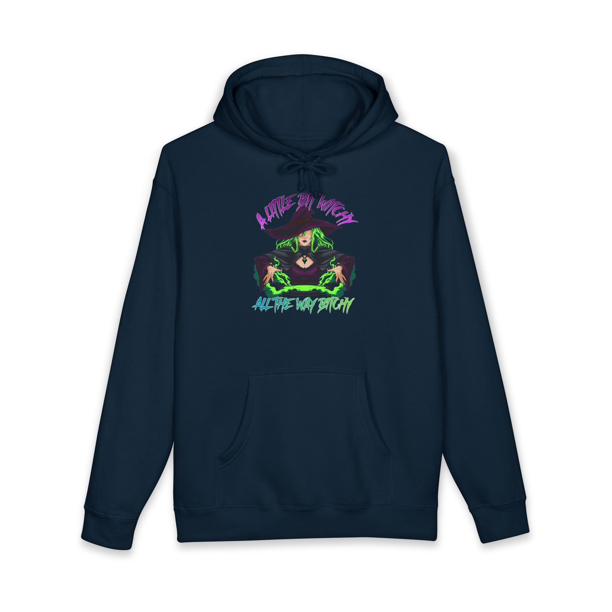 Navy hoodie with a witch graphic and text "A little bit witchy all the way bitchy".