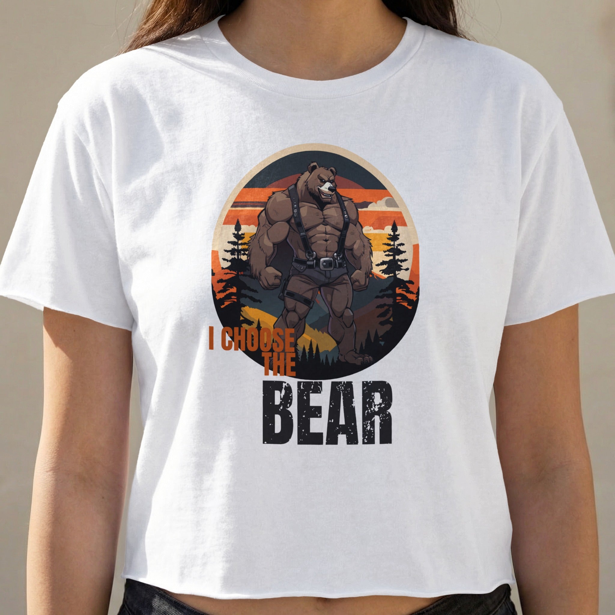 Mascot bear with text "I CHOOSE THE BEAR" on a white t-shirt.