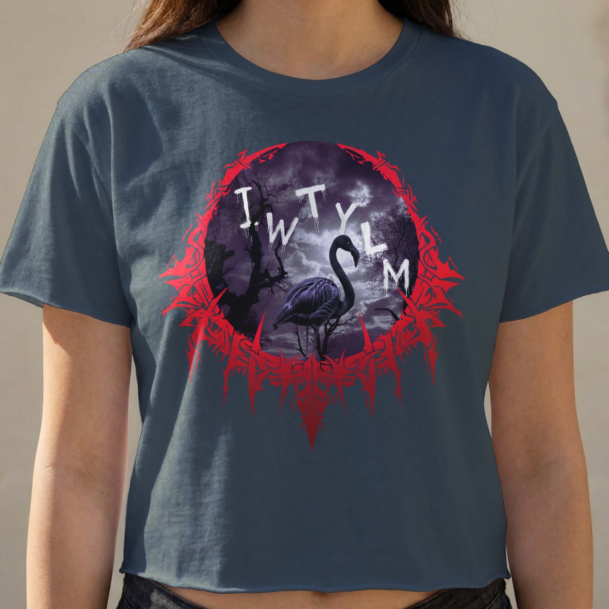 Dark t-shirt with a circular graphic featuring a flamingo and spooky forest.