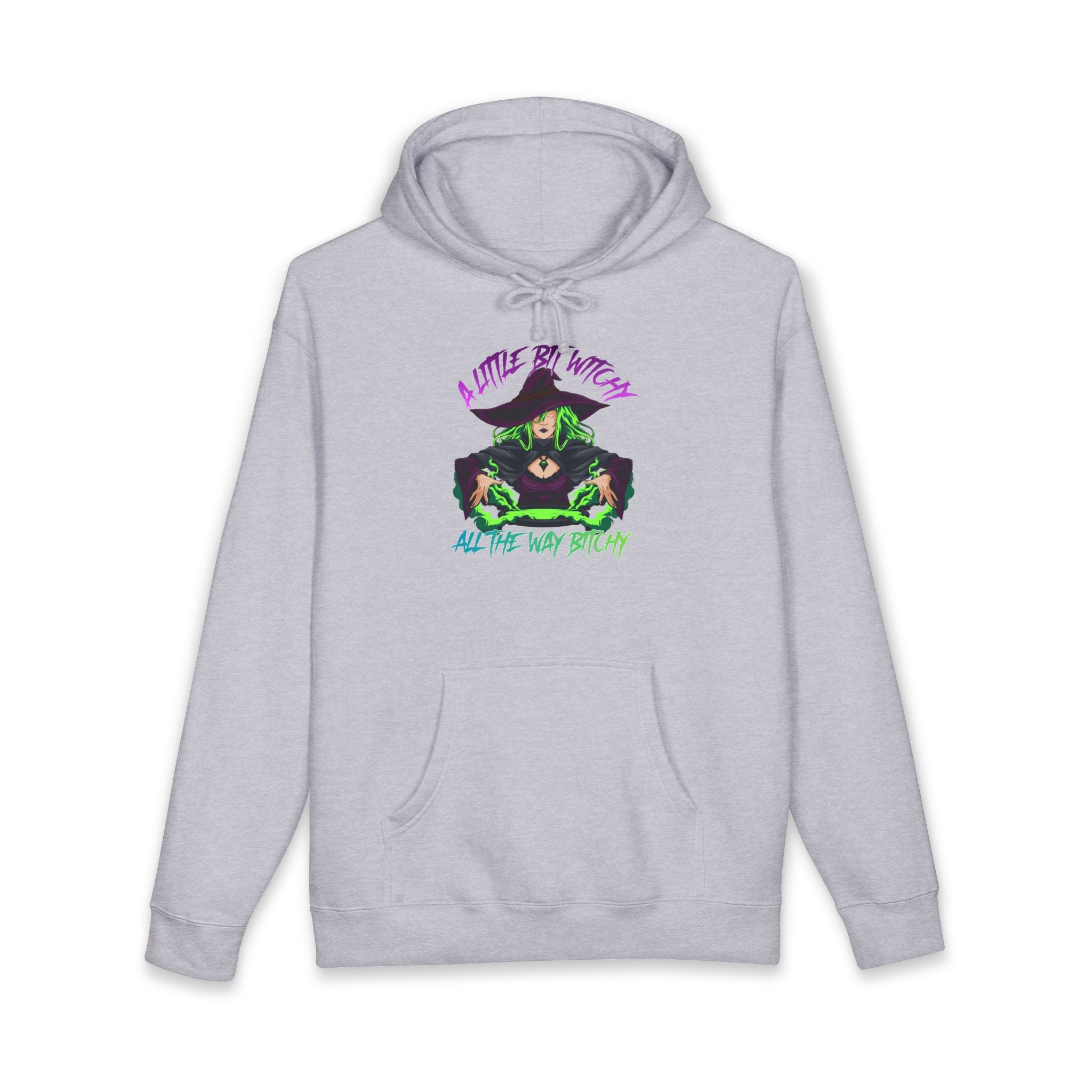 Light gray hoodie with "A little bit witchy, all the way bitchy" text and witch illustration.