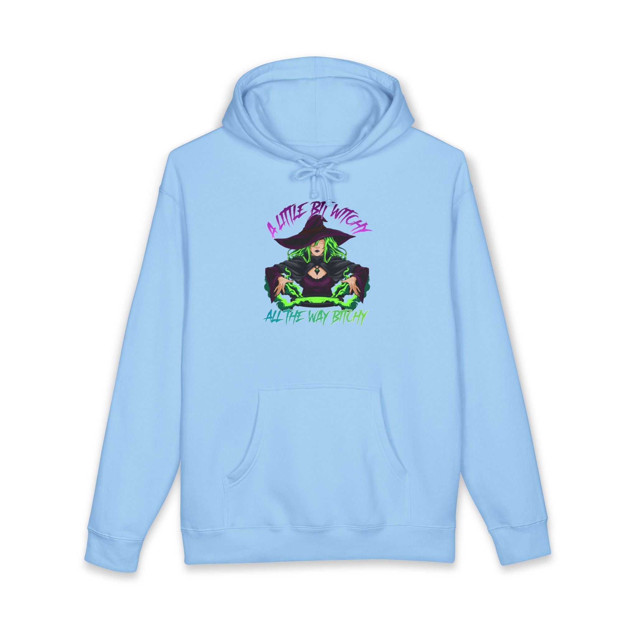 Light blue hoodie with a witch graphic and text.
