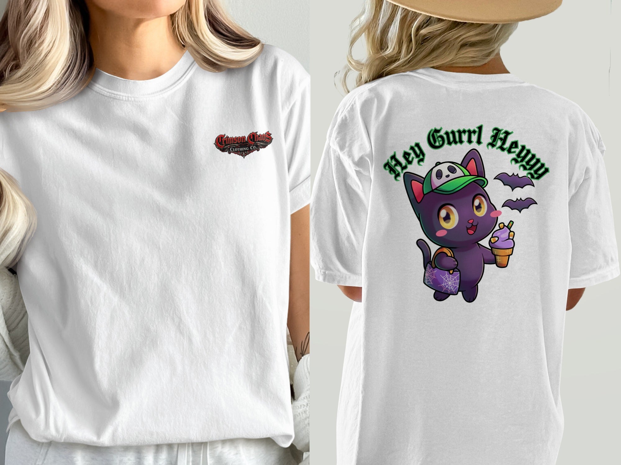White t-shirt with "Crimson Chaos Clothing Co." on front and cartoon cat on back.