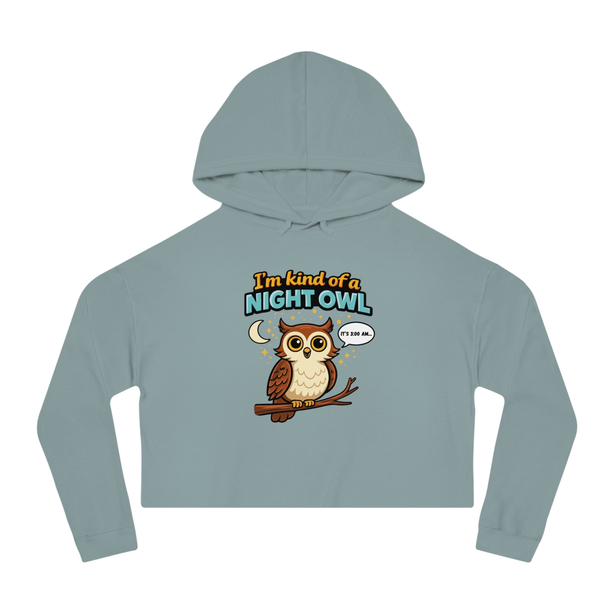 Crop hoodie with a cartoon owl illustration that reads "I'm kind of a night owl" and "It's 3:56 AM."