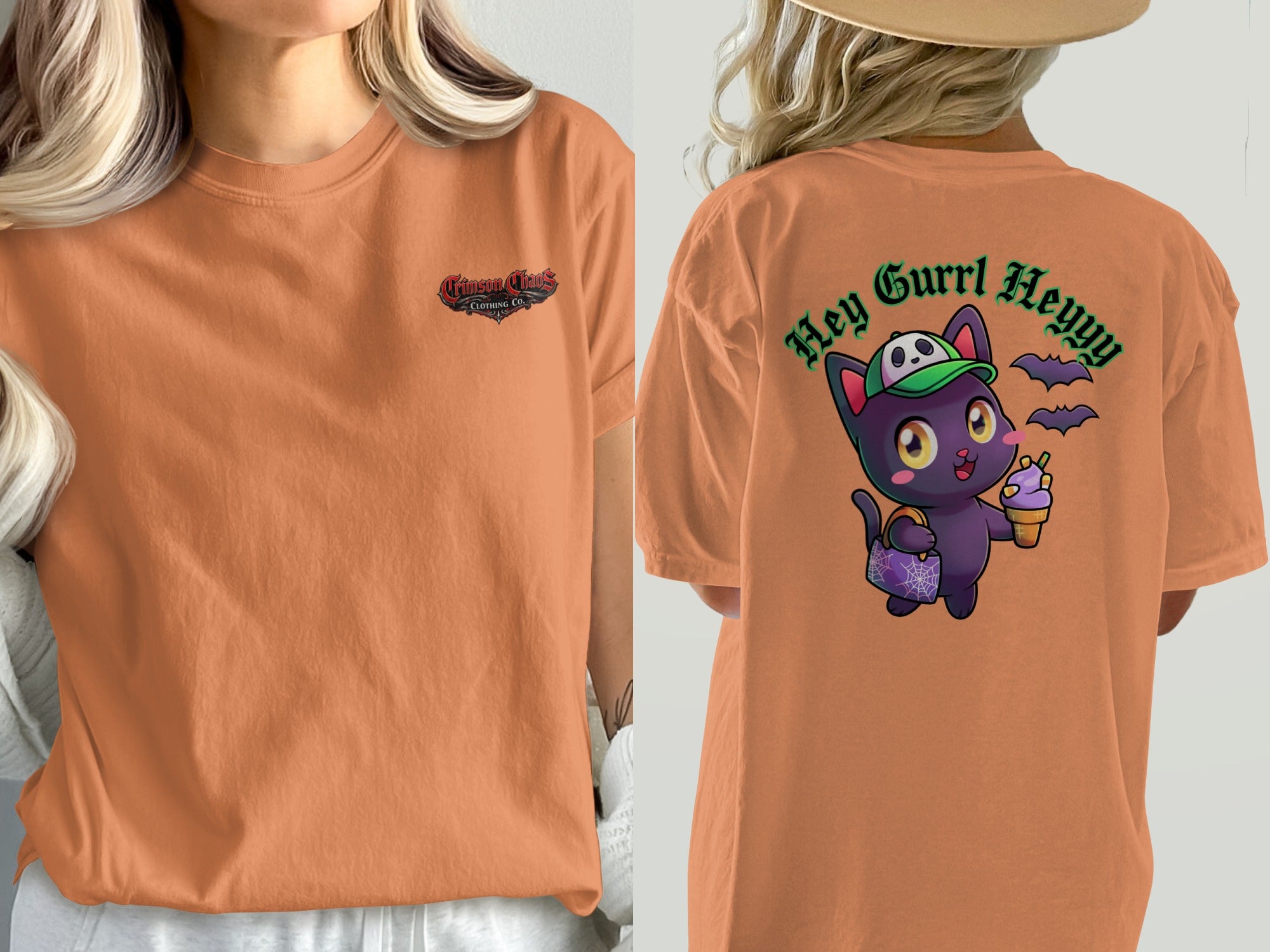 Orange t-shirt with front logo and back graphic of a cat holding ice cream.