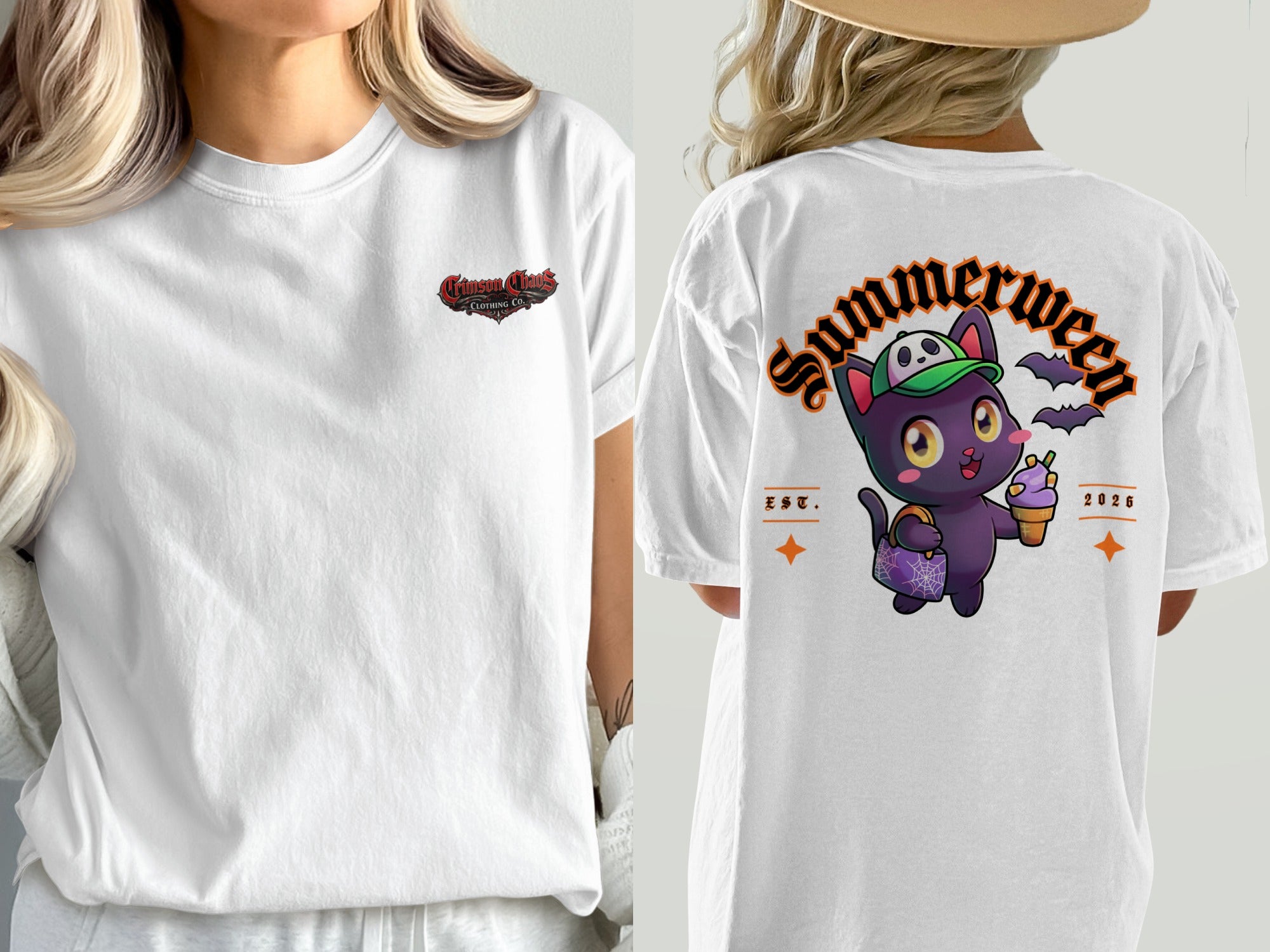 White t-shirt with "Crimson Chaos Clothing Co." logo on front and cartoon cat graphic on back.