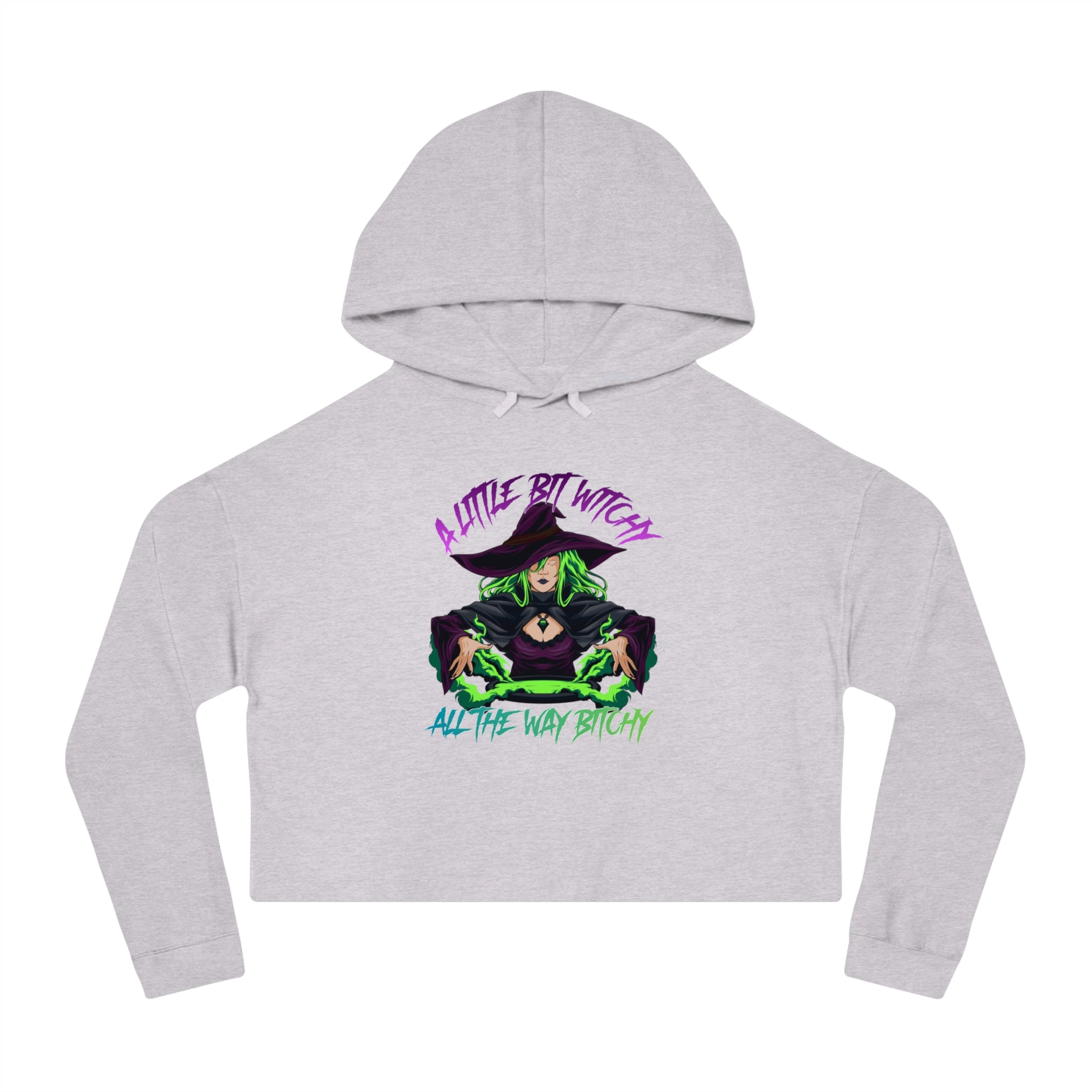 Cropped grey hoodie featuring a cartoon witch illustration and text.