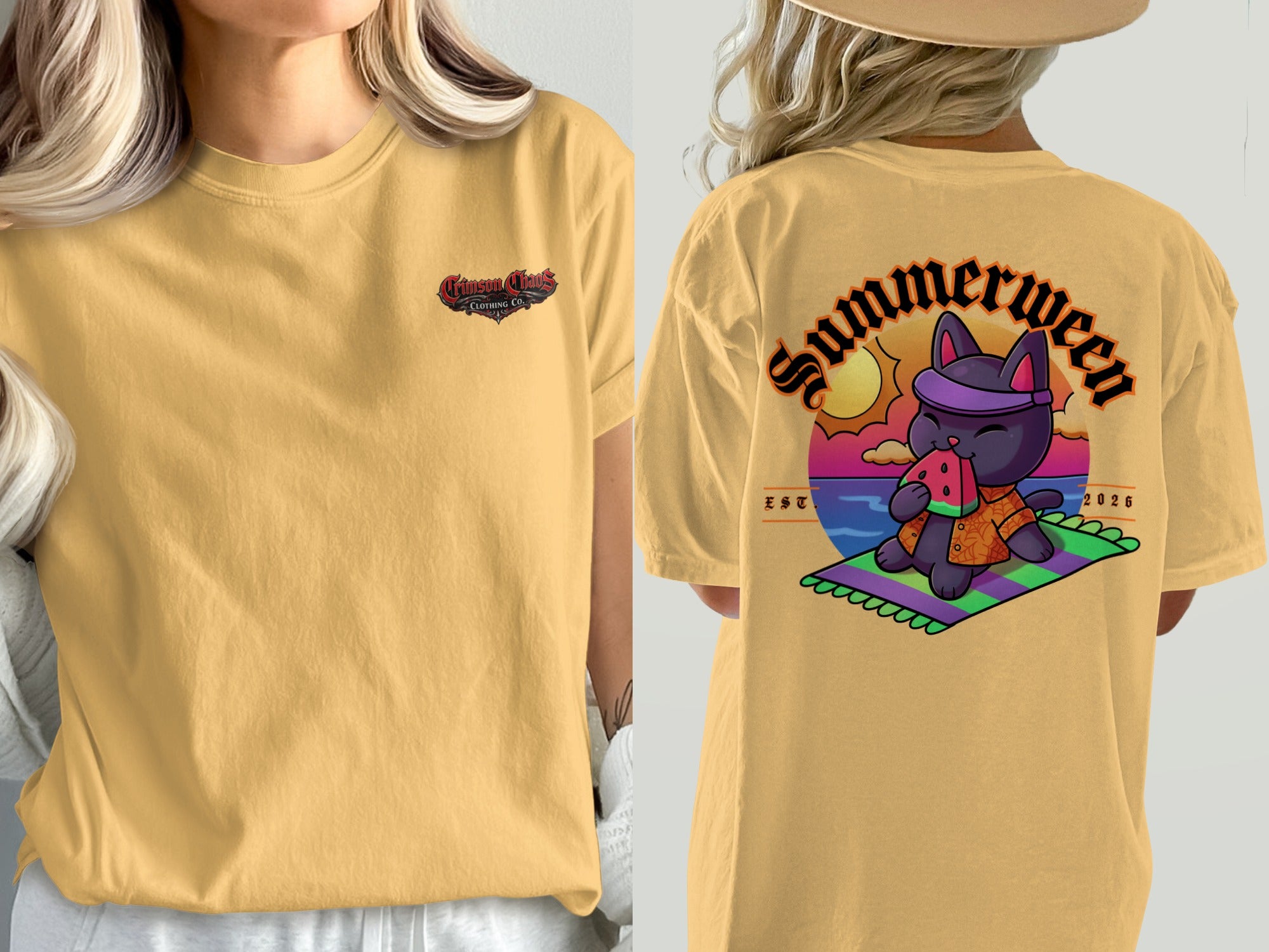 Yellow t-shirt with "Crimson Chaos Clothing Co." logo on front and "Summerween" graphic on back.