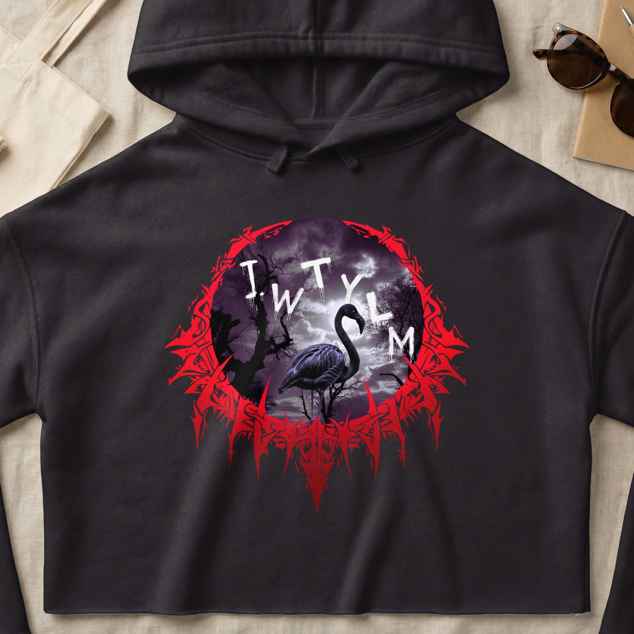 Black hoodie with a white flamingo silhouette and "I W T Y L M" text.