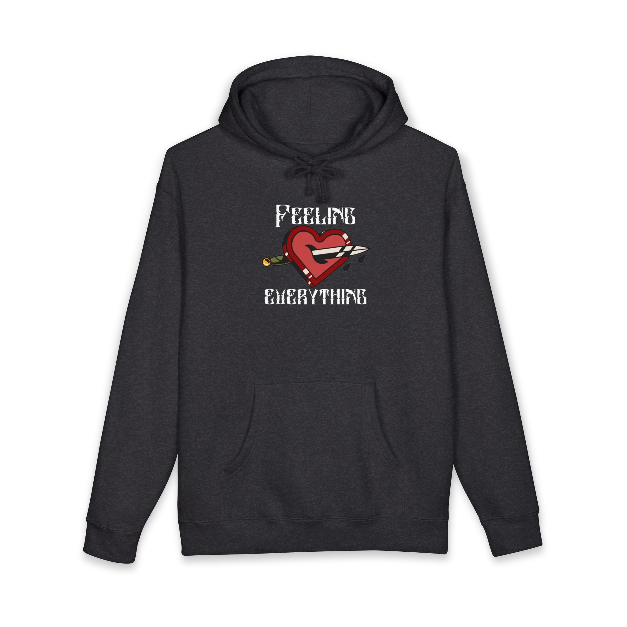 Dark gray hoodie with a red heart pierced by a sword and the text "FEELING EVERYTHING".
