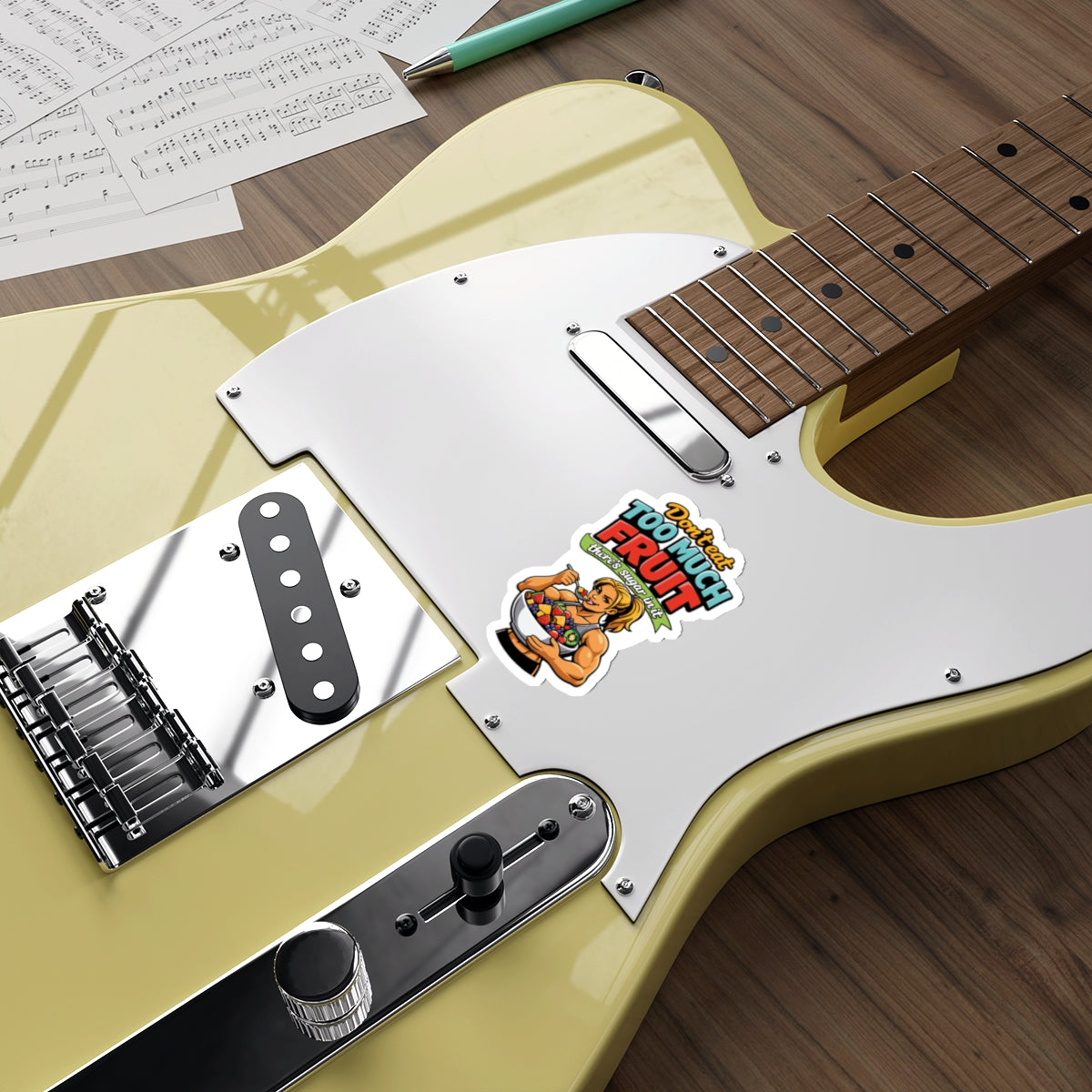 Too Much Fruit Graphic Sticker on Electric Guitar