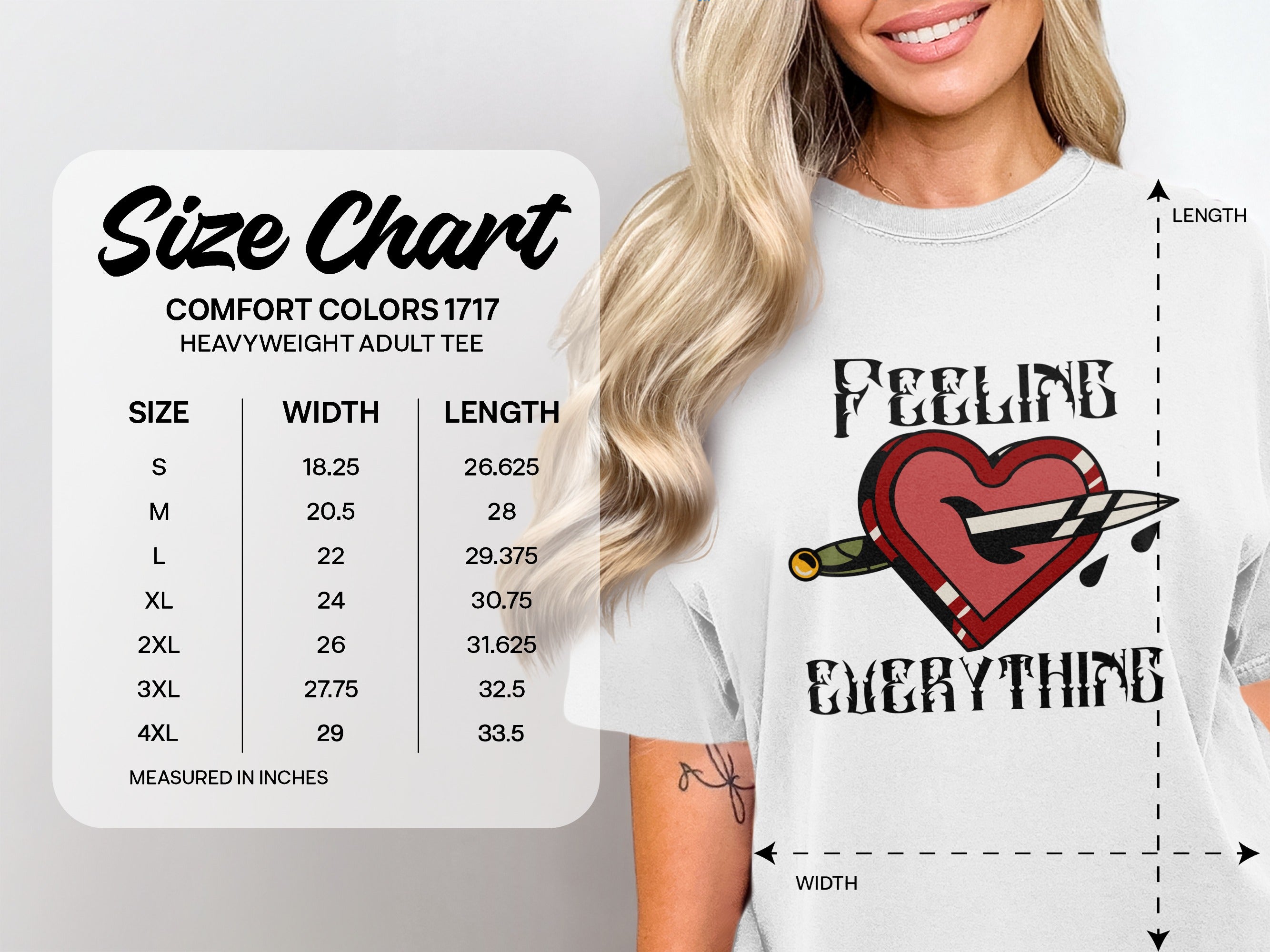 Comfort Colors 1717 size chart with garment measurements in inches.