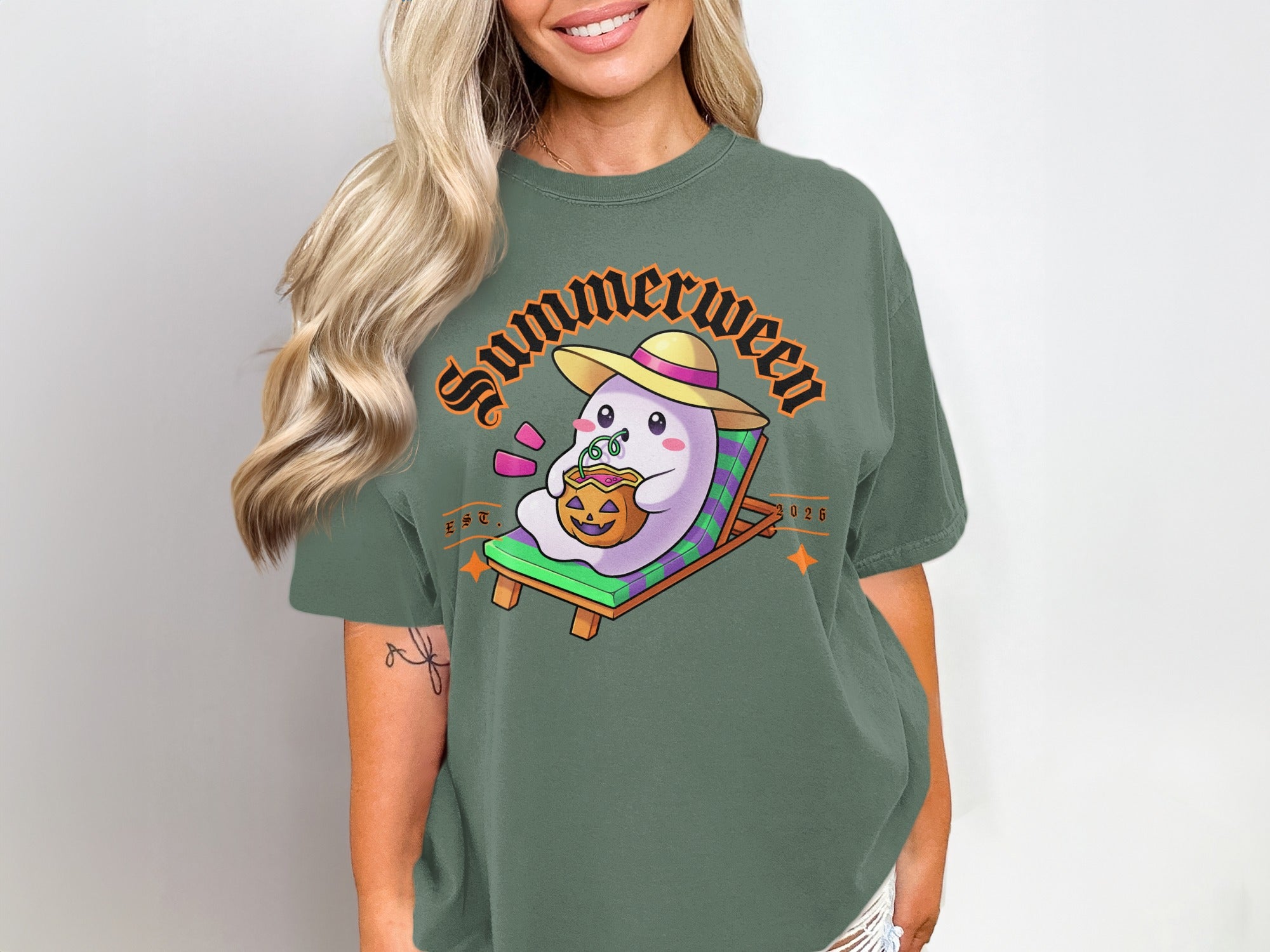 Ghost in beach chair with pumpkin drink, reads "Summerween" and "EST. 2026".