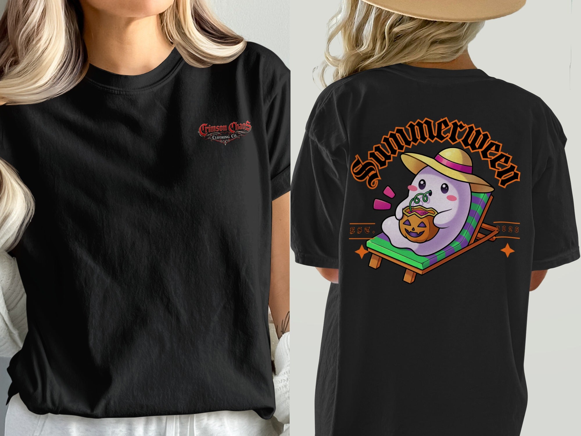 Black t-shirt with "Crimson Chaos Clothing Co." on front and a ghost on a beach chair on back.