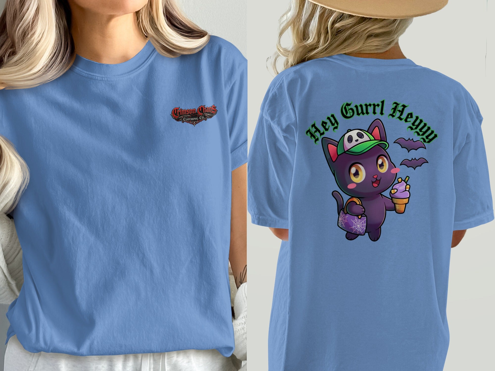 Blue t-shirt with Crimson Chaos Clothing Co. logo on front and cat with ice cream on back.