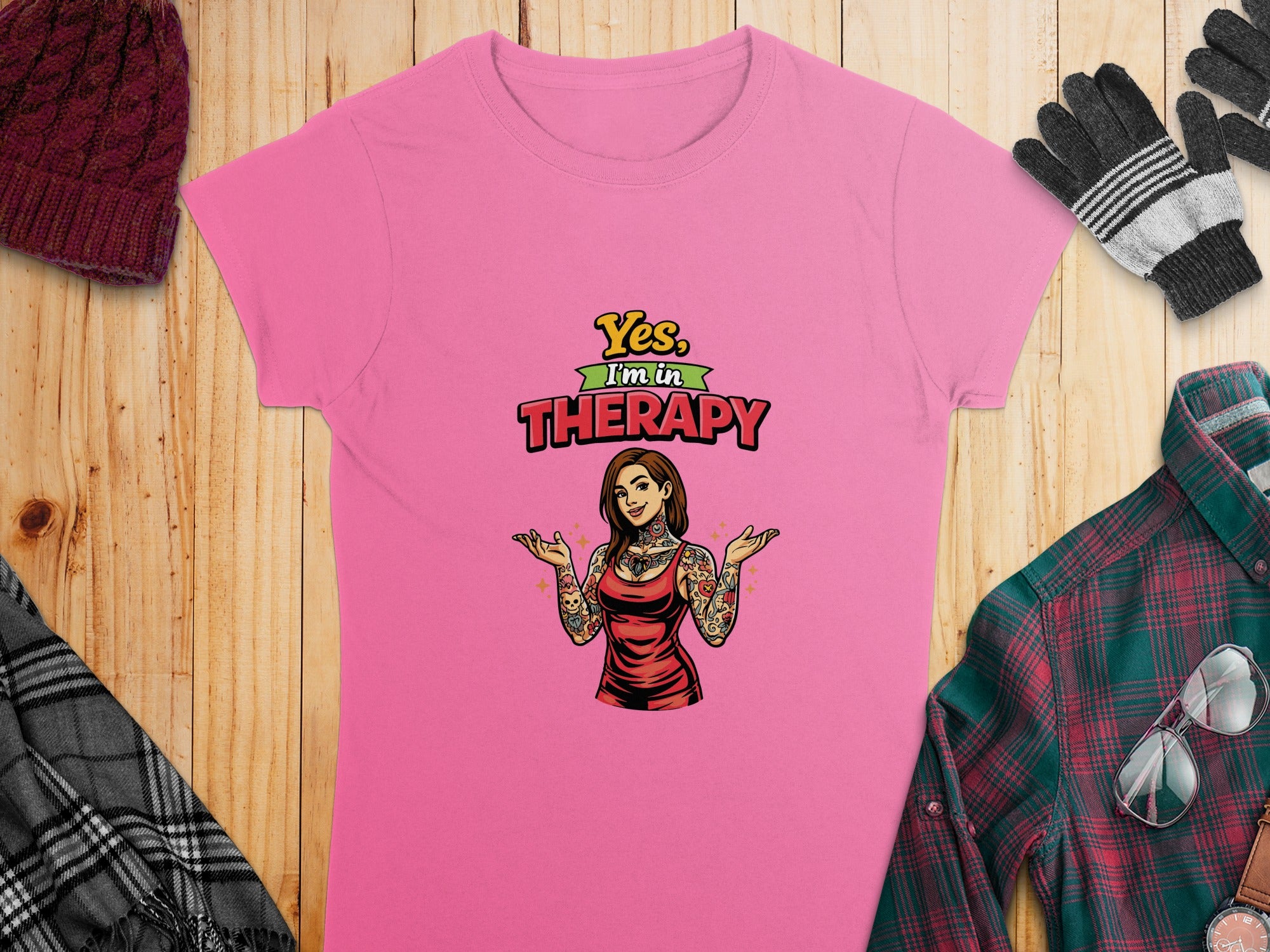 Yes I'm in Therapy Pink T-Shirt with Tattooed Woman Graphic