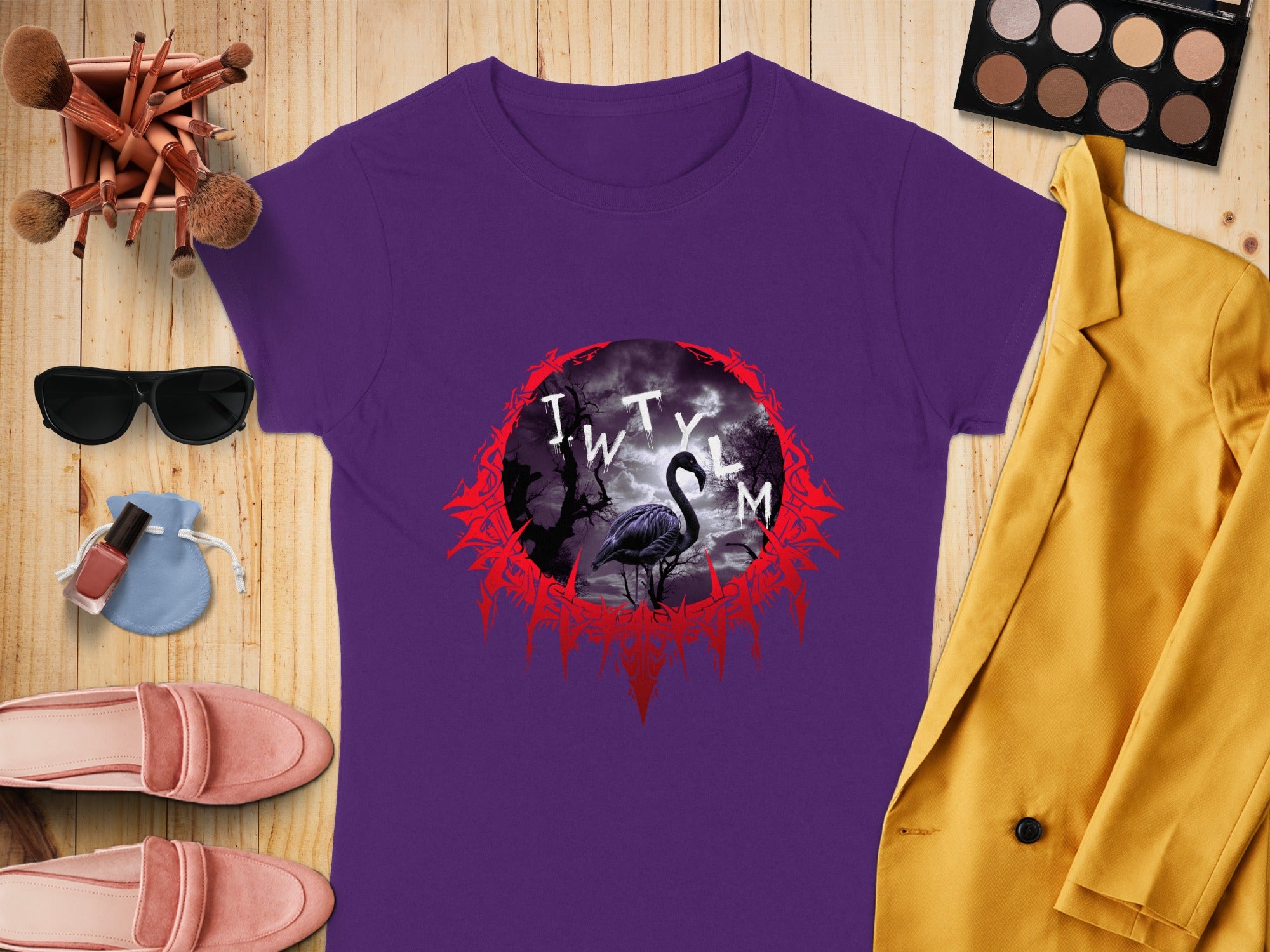 Gothic Fantasy Black Flamingo Purple Graphic Tee