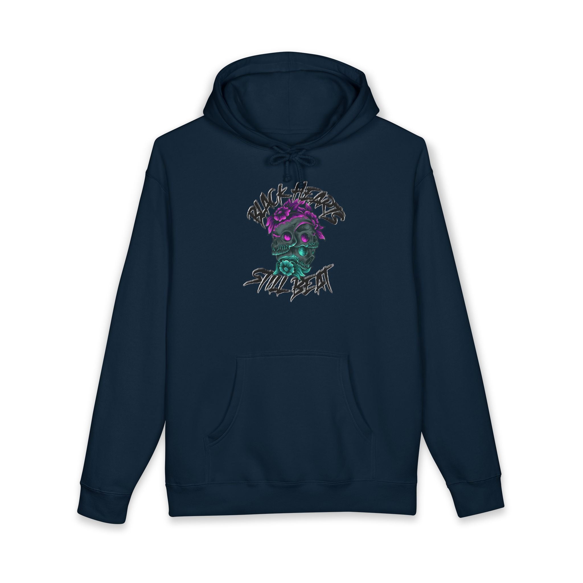 Navy hoodie with skull and floral graphic.