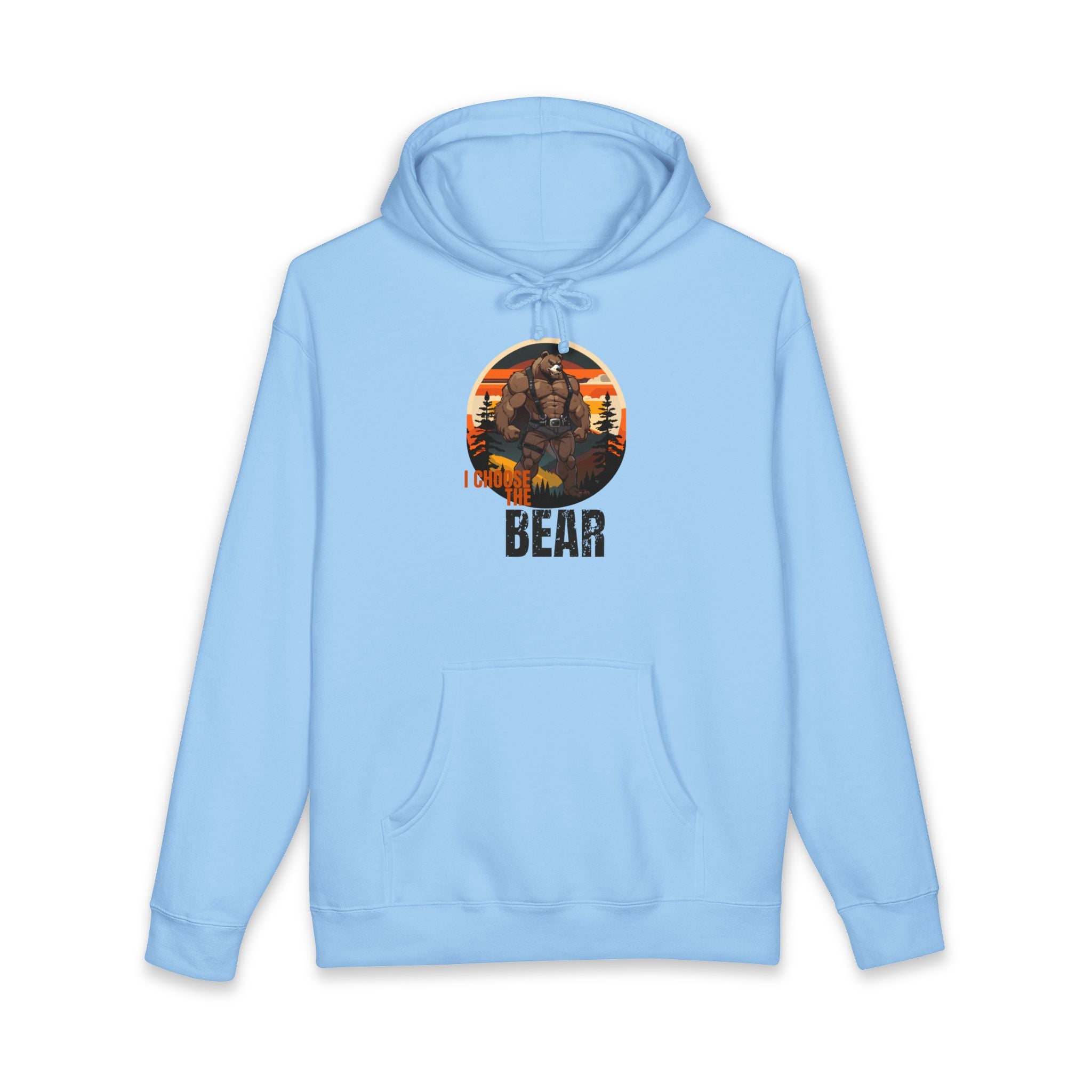Light blue hoodie with a graphic of a bear wearing sunglasses and the text "BEAR"