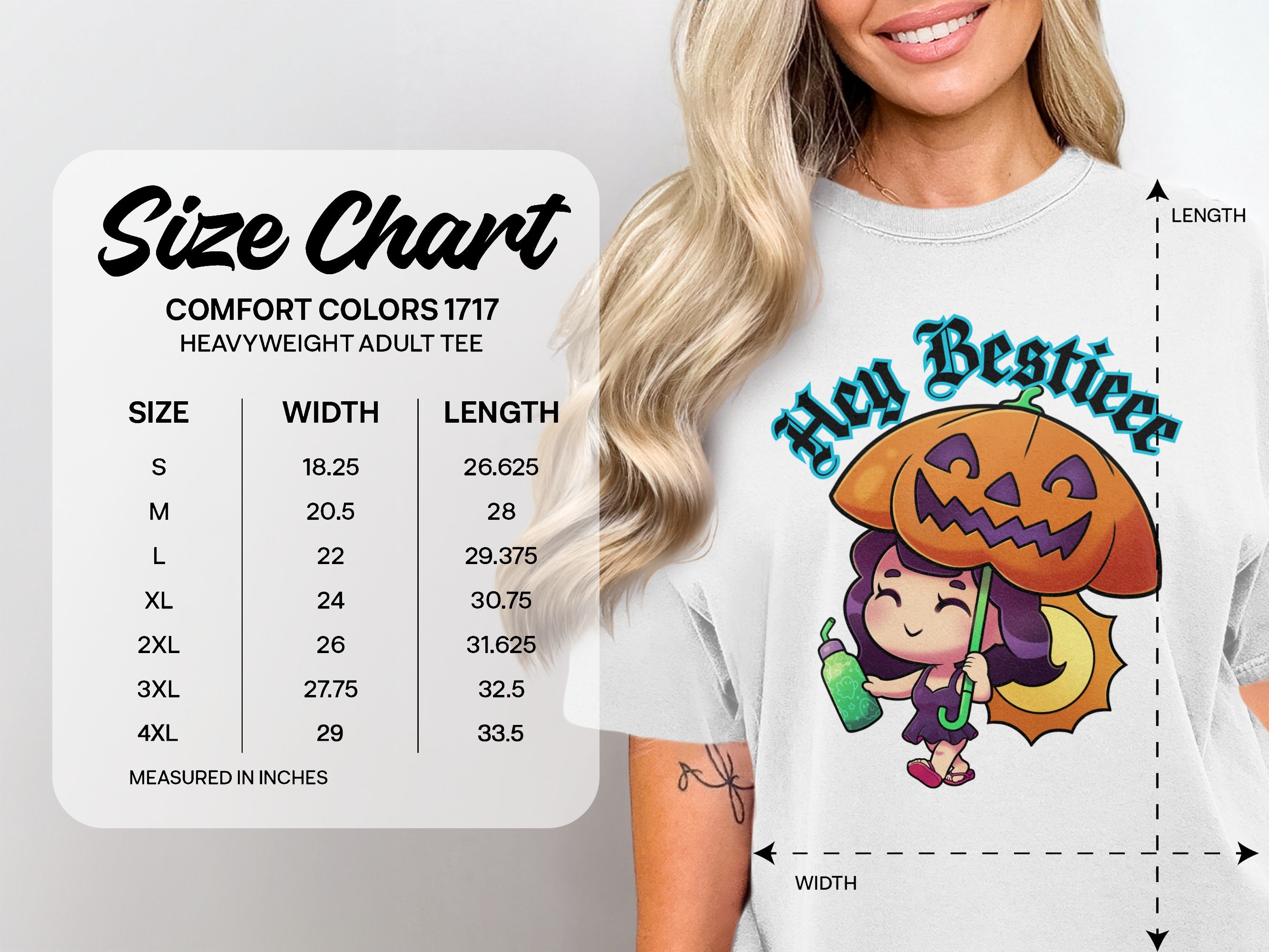 Size chart for Comfort Colors 1717 heavyweight adult tee with measurements.