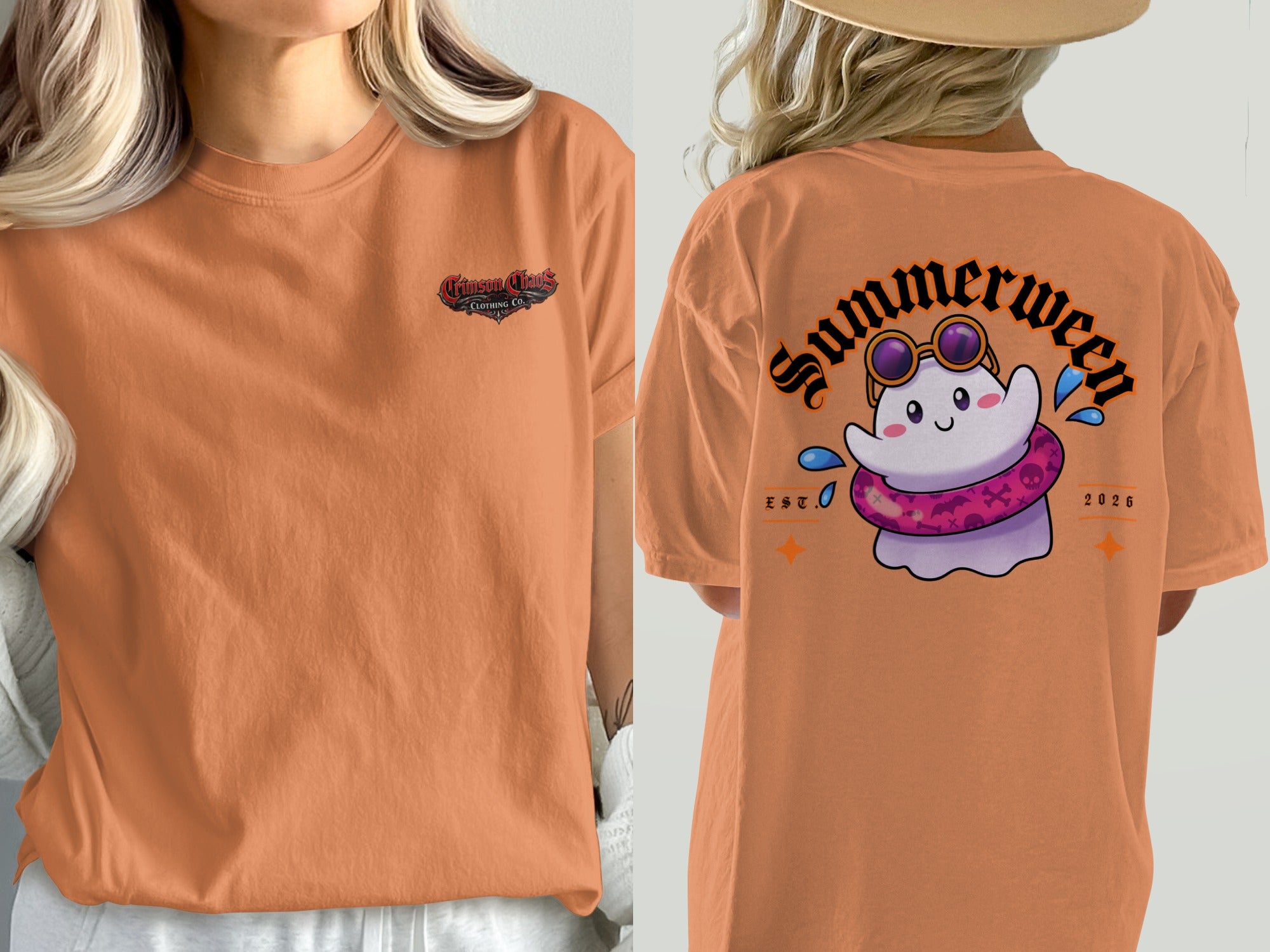 Orange t-shirt with "Crimson Chaos Clothing Co." on the left and a summer ghost graphic on the right.
