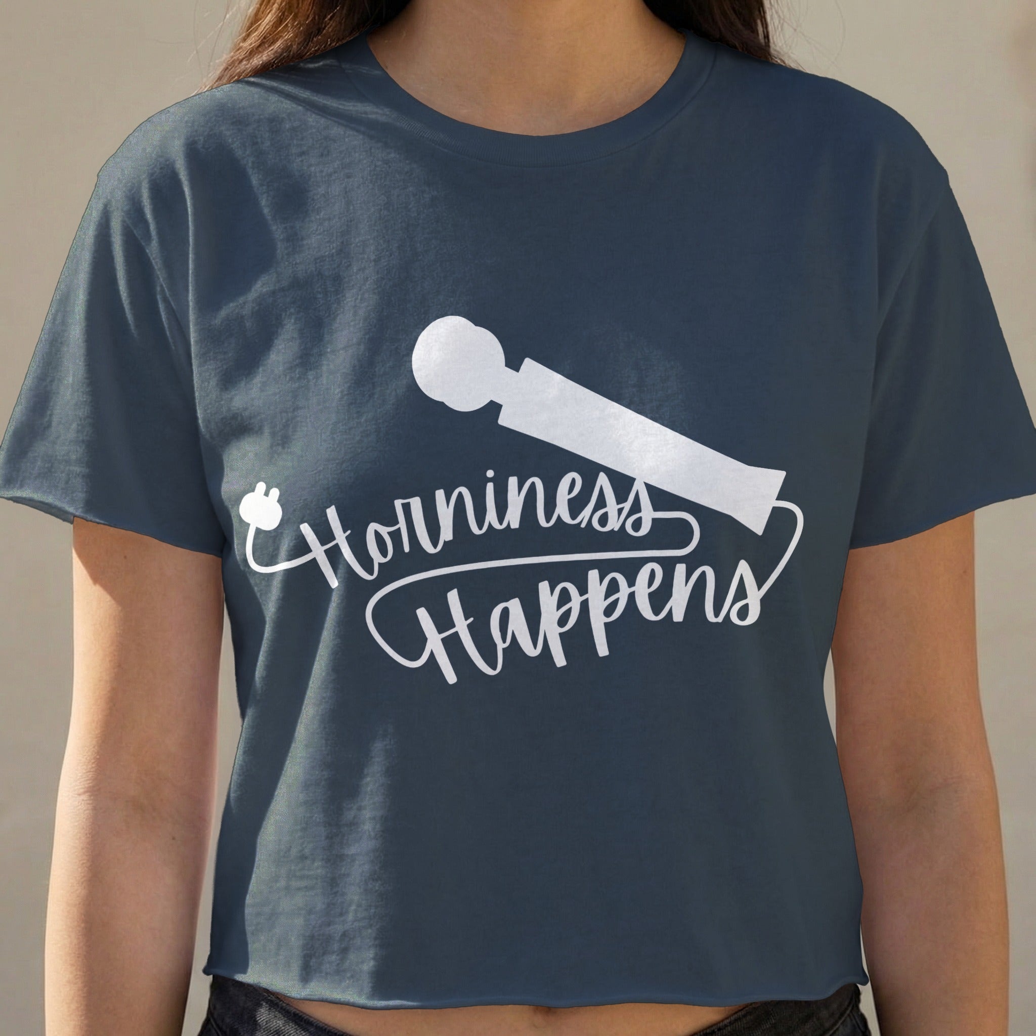 Dark blue t-shirt with "Horniness Happens" text and a white wand graphic.