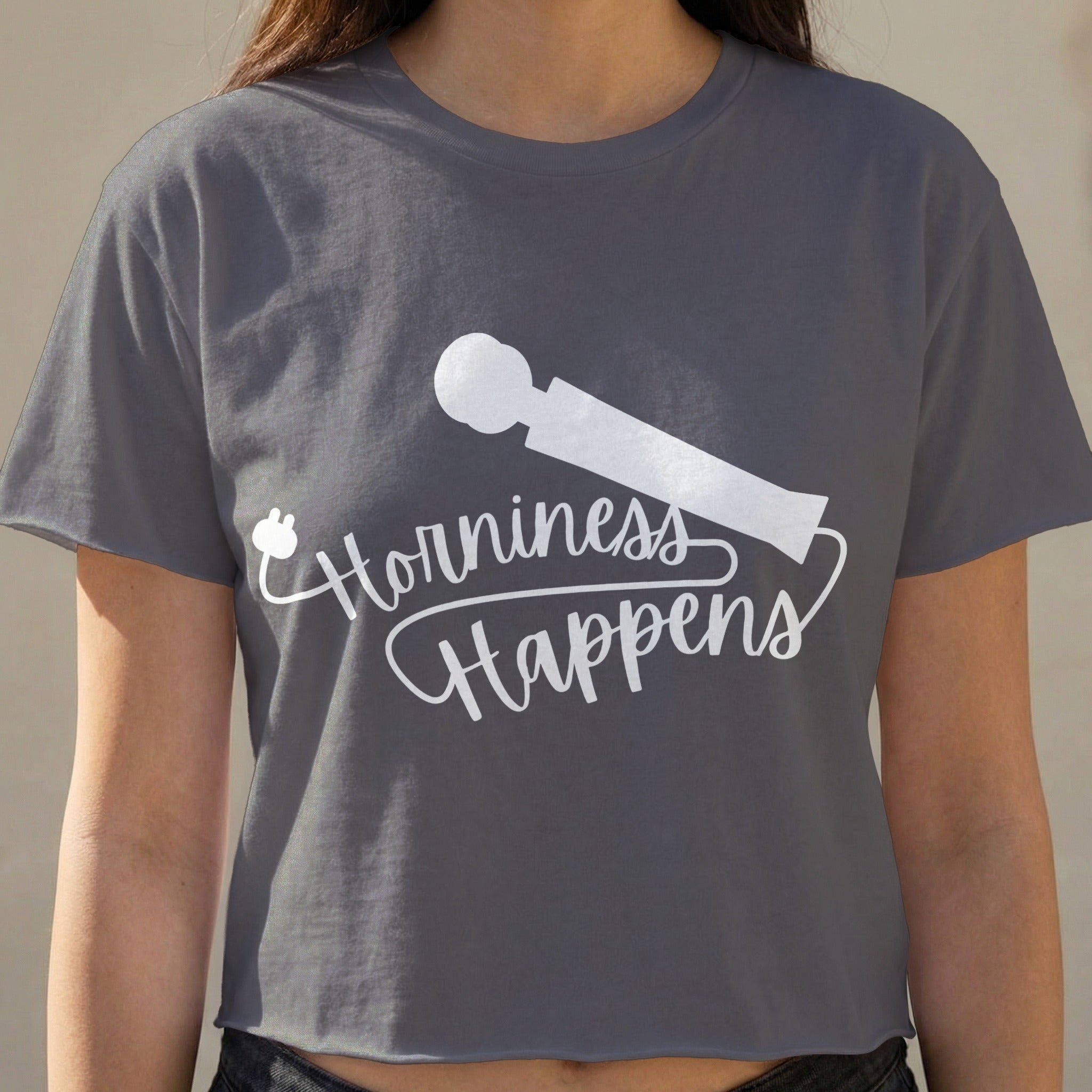 Grey t-shirt with "Horniness Happens" graphic and illustration.