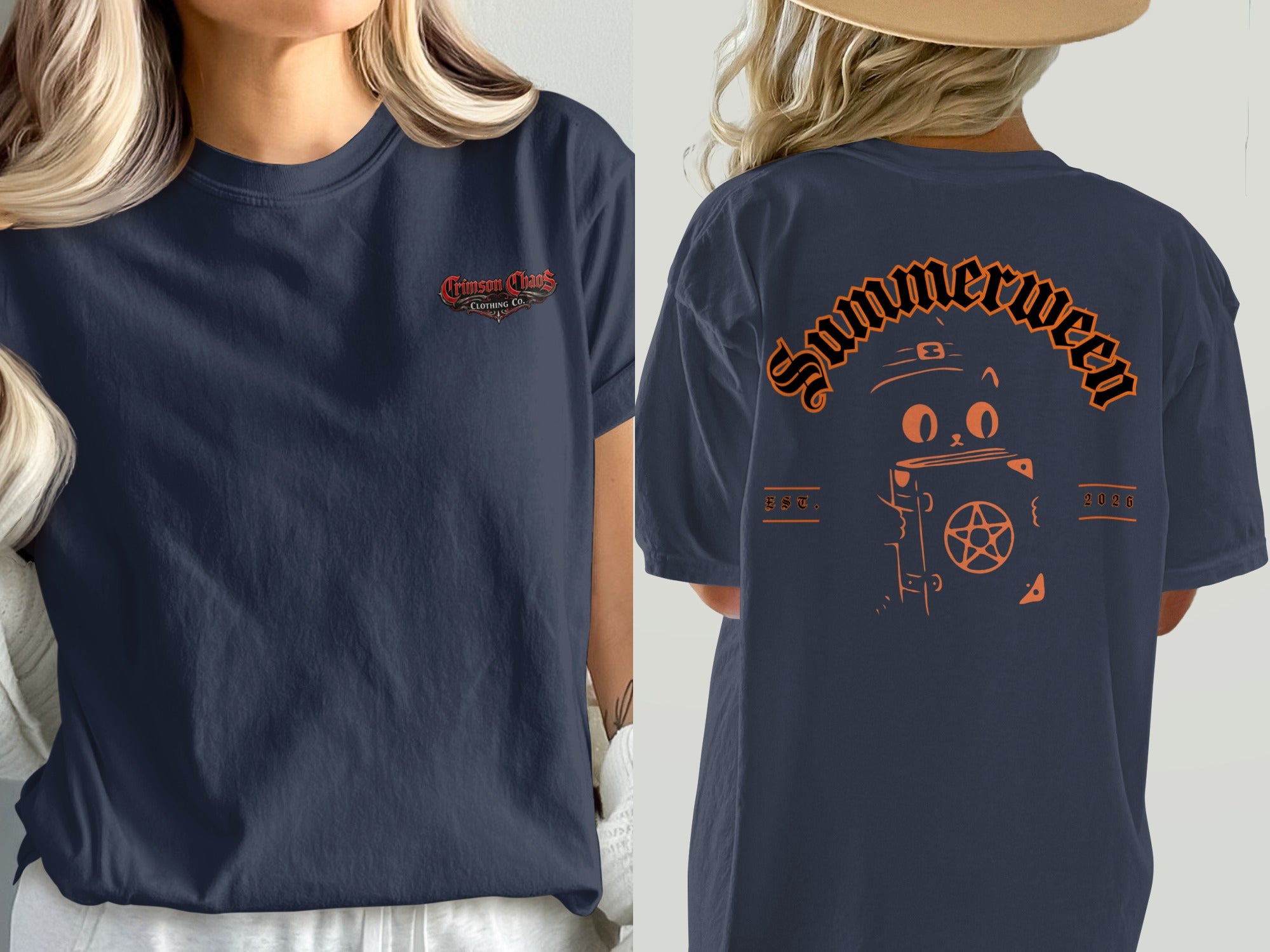 Dark navy t-shirt with "Crimson Chaos" on front and cat graphic on back.