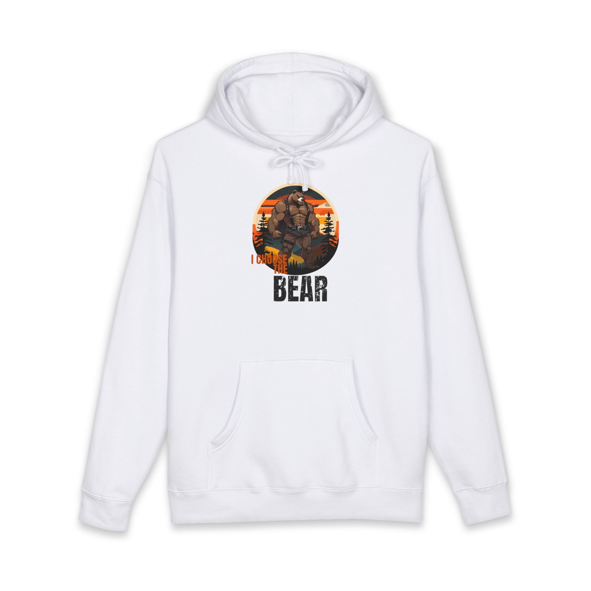 White hoodie with a circular graphic of a bear and trees, text "BEAR".