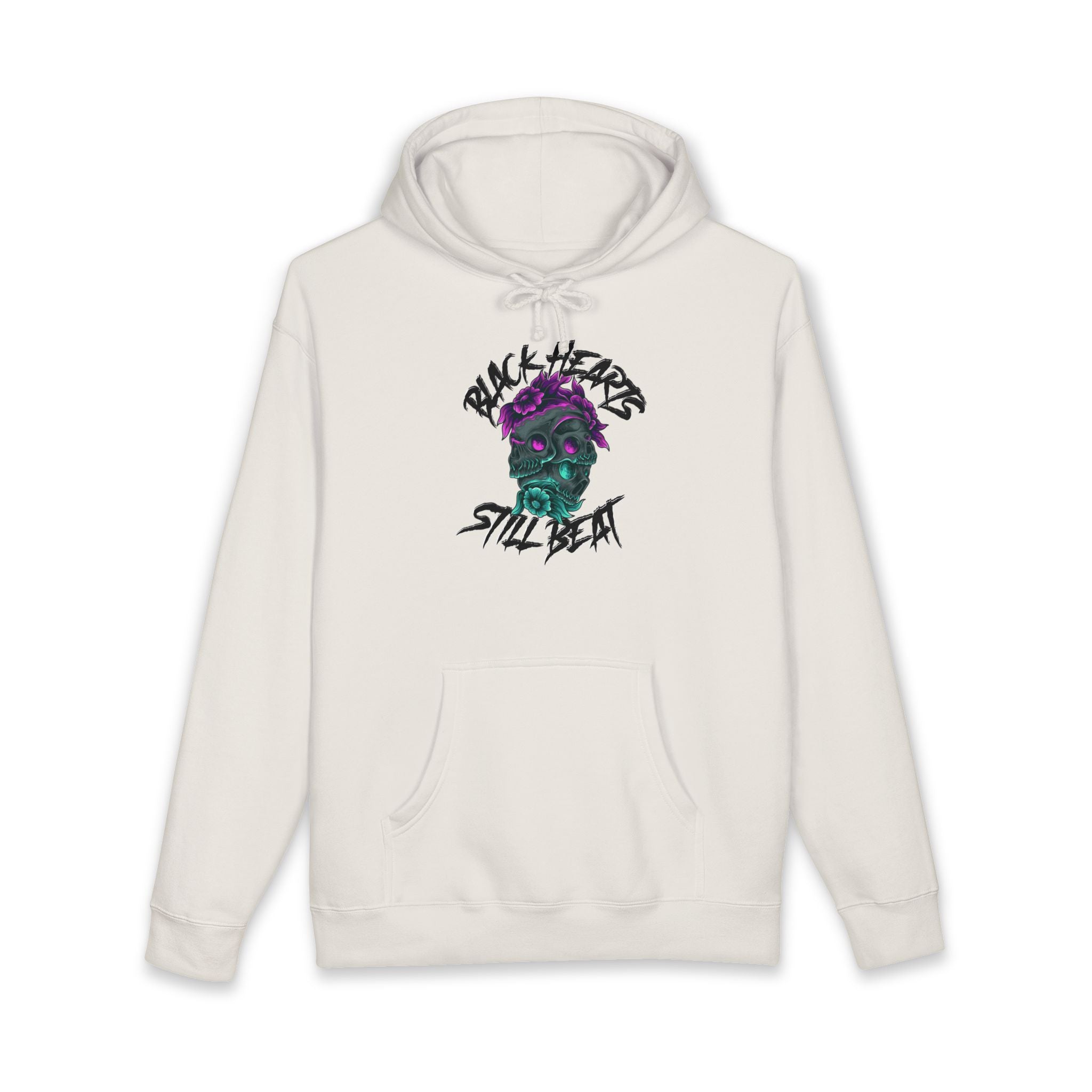 Cream hoodie with "BLACK HEARTS STILL BEAT" text and skull graphic.