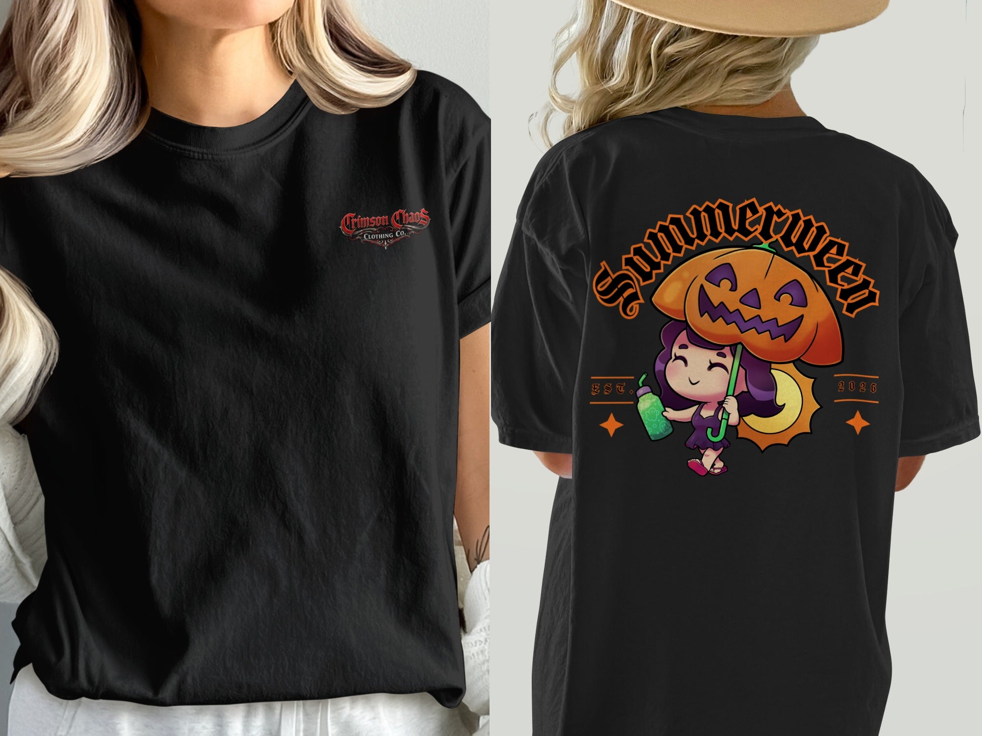 Black t-shirt with "Crimson Chaos Clothing Co." on the left, "Summerween" and Halloween-themed graphic on the right.