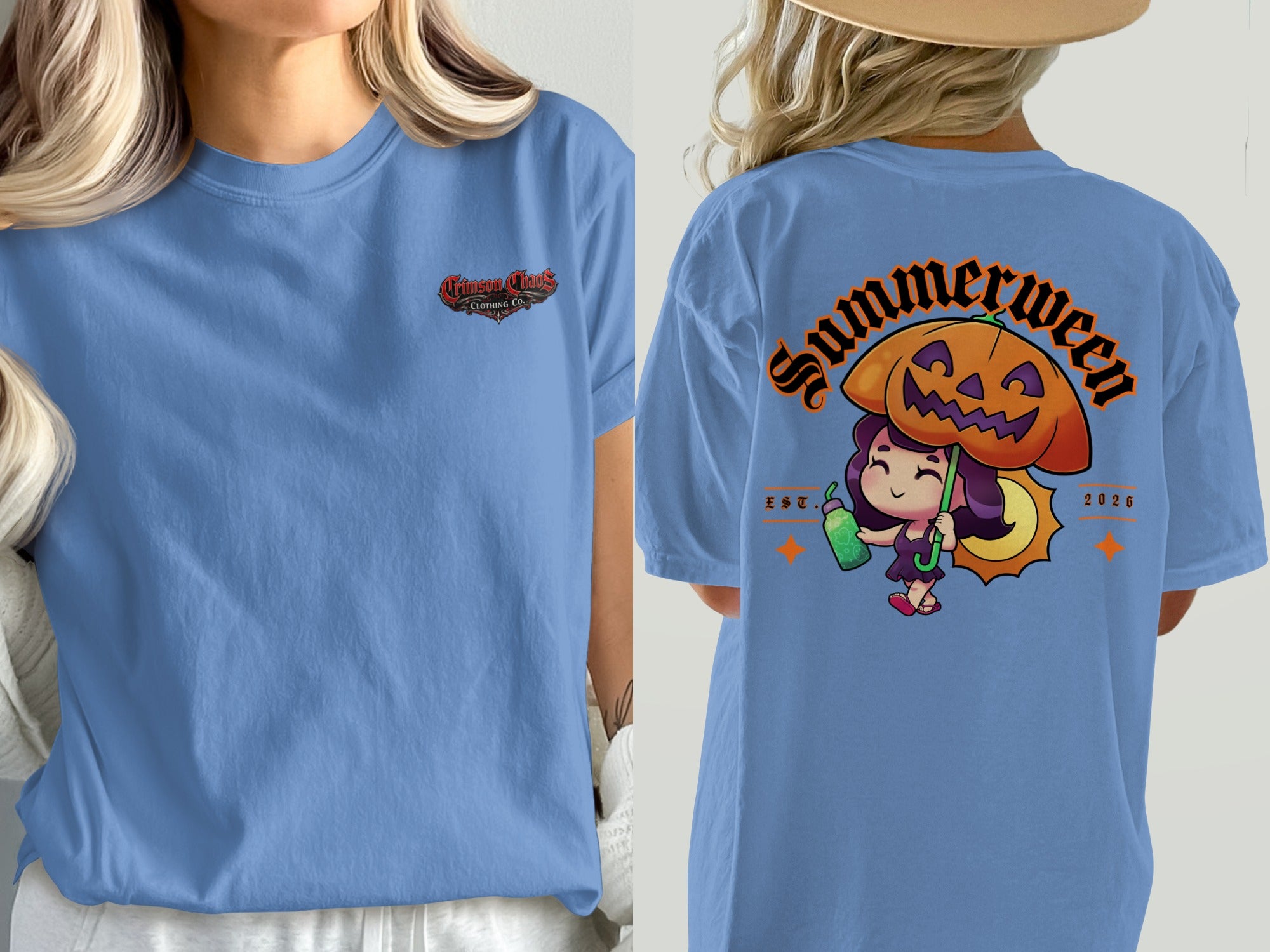 Blue t-shirt with "Crimson Chaos Clothing Co." on front and "Summerween" graphic on back.