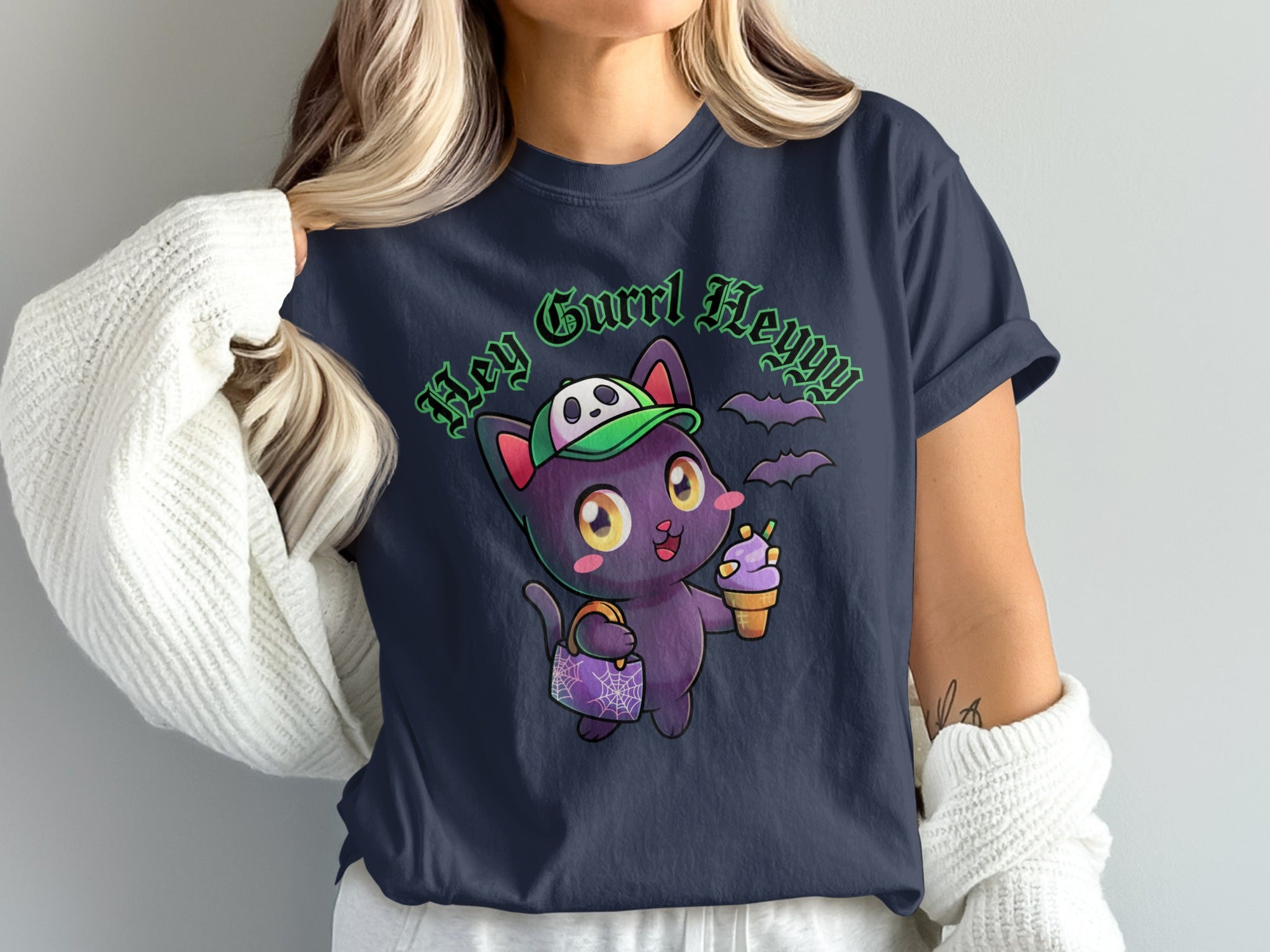 Cute purple cat with ice cream and candy bag under "Hey Gurrl Heyyy" text.