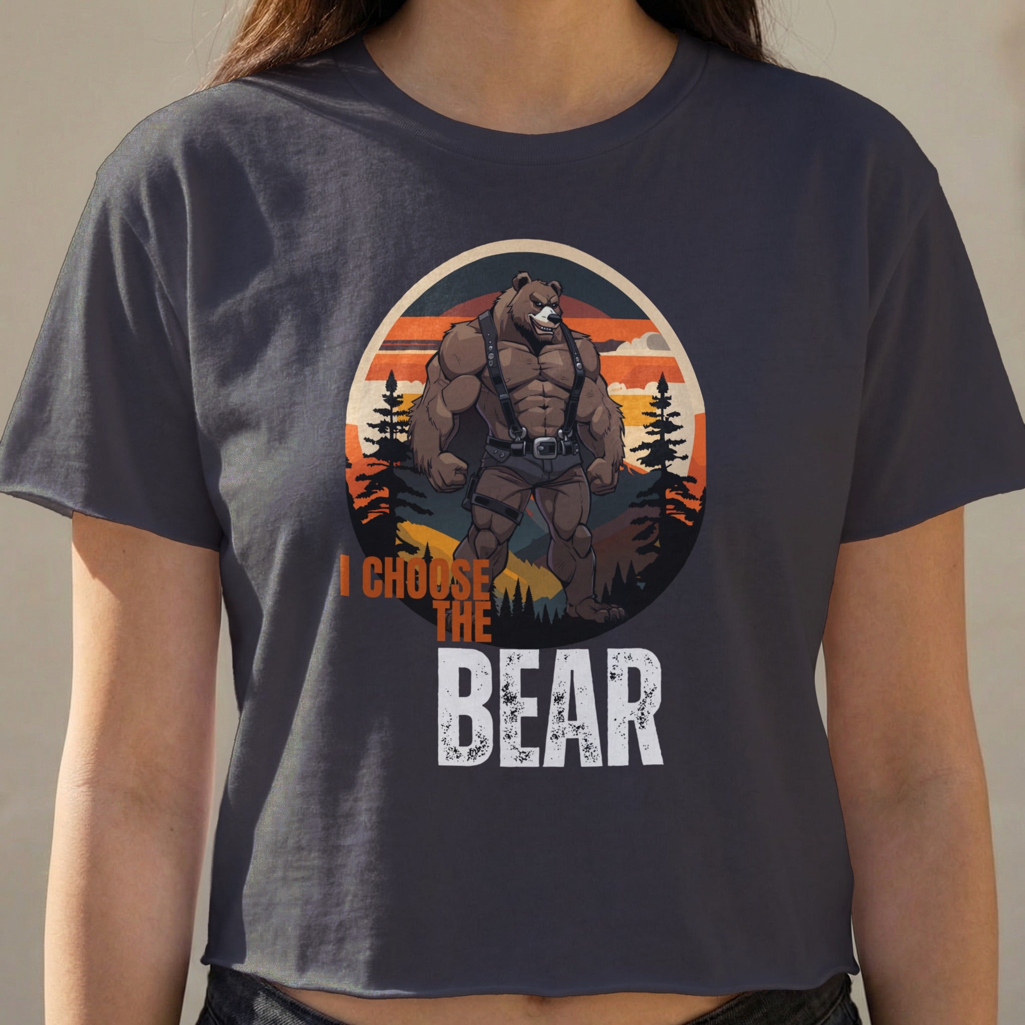 Graphic t-shirt design with text "I CHOOSE THE BEAR" and muscular bear illustration.
