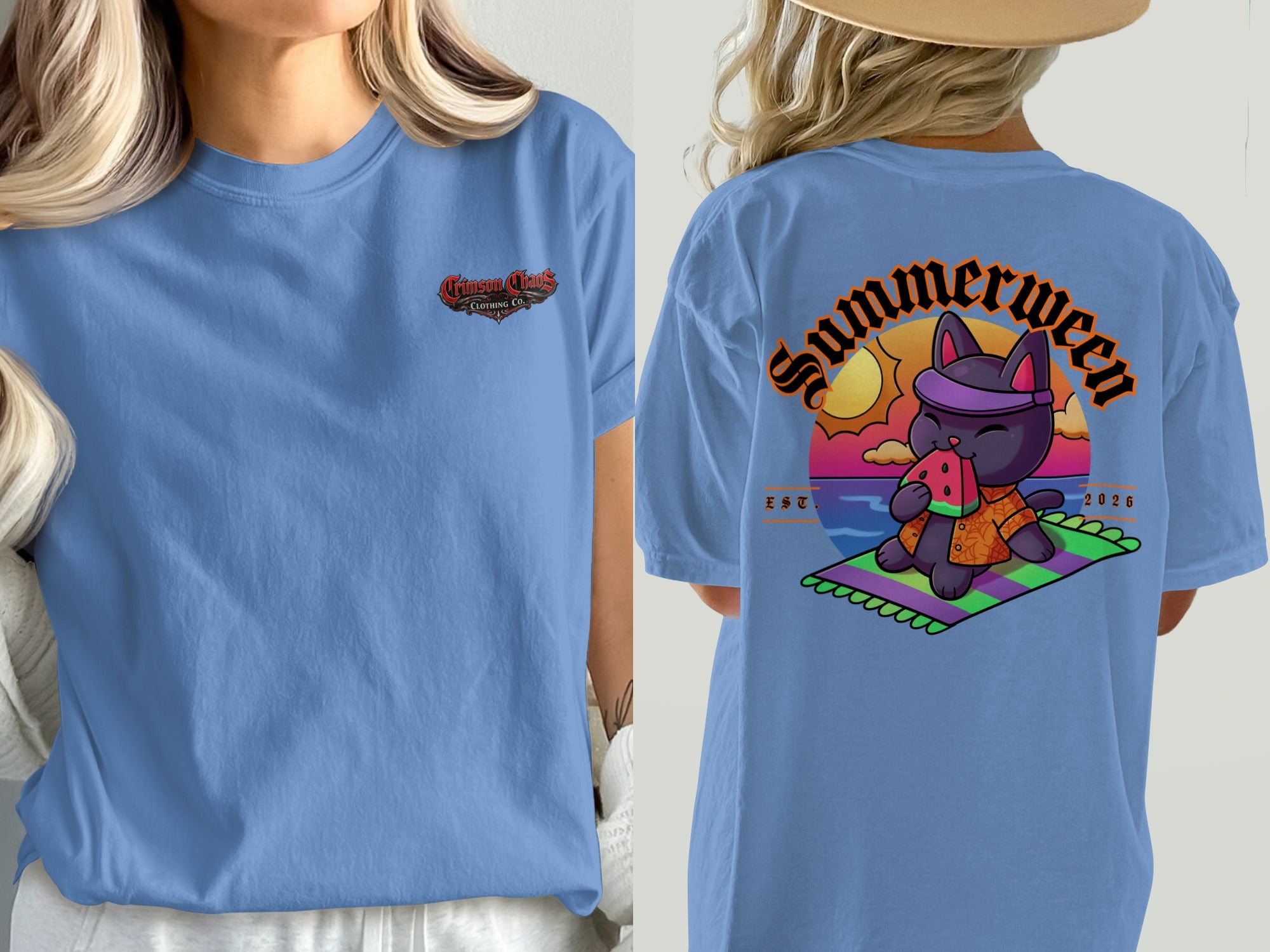 Blue t-shirt with black cat on mat and "Summerween" text on back.