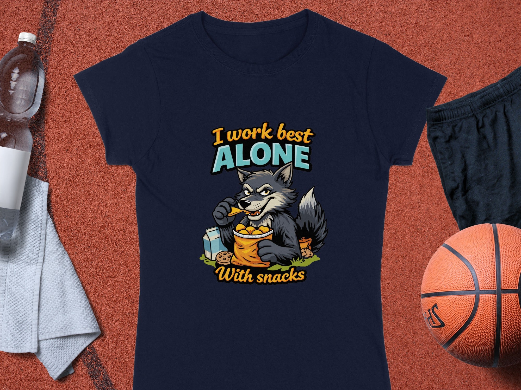 I Work Best Alone with Snacks Drawing Wolf Shirt
