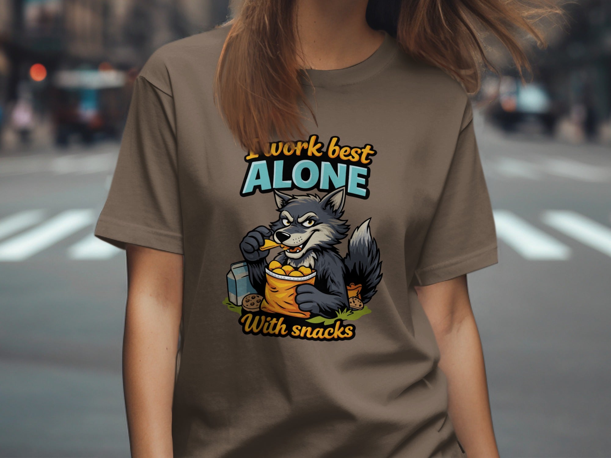 I Work Best Alone With Snacks Fun Graphic T-Shirt