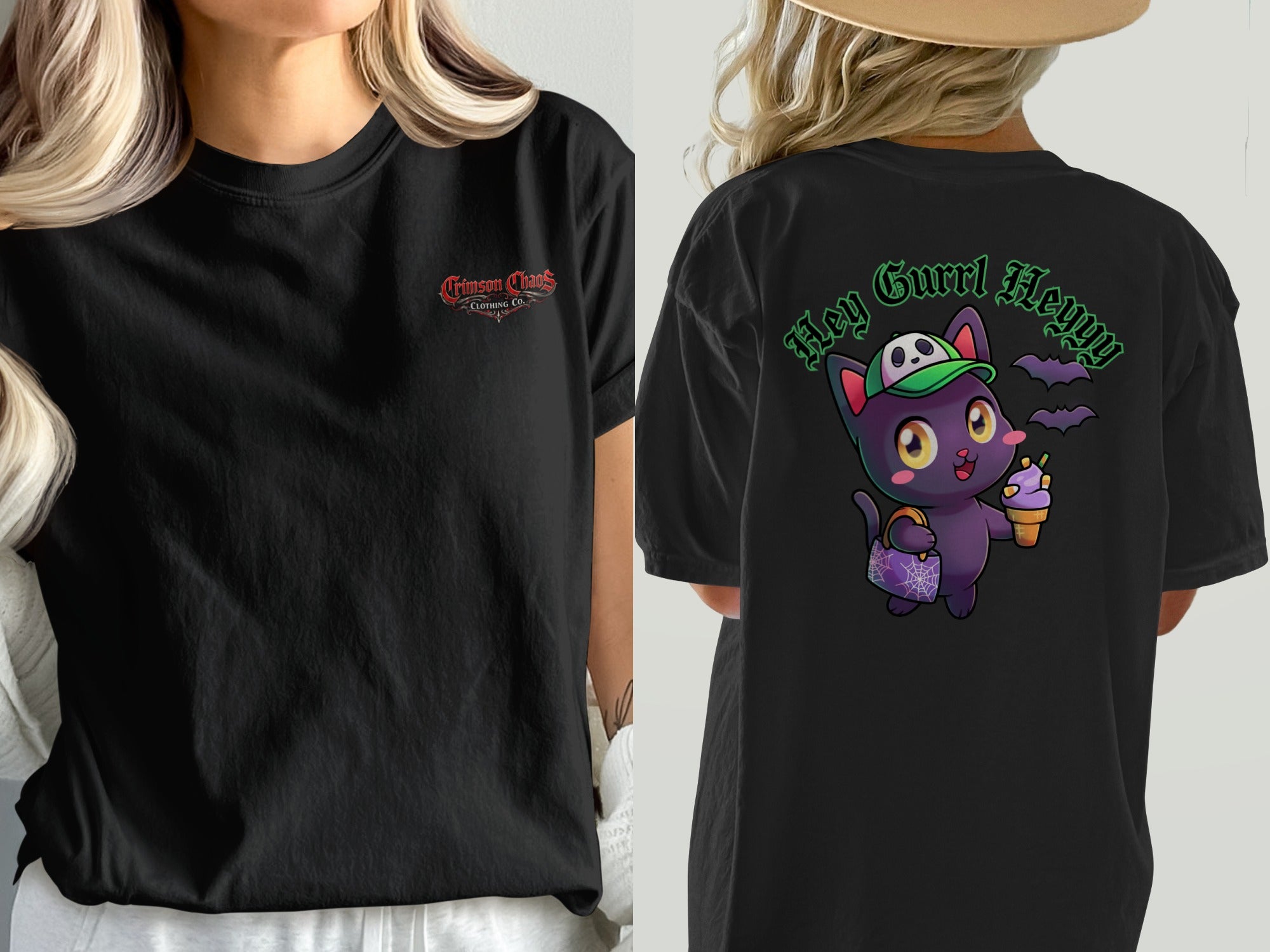 Black t-shirt with "Crimson Chaos Clothing Co." on front and cartoon cat with ice cream on back.