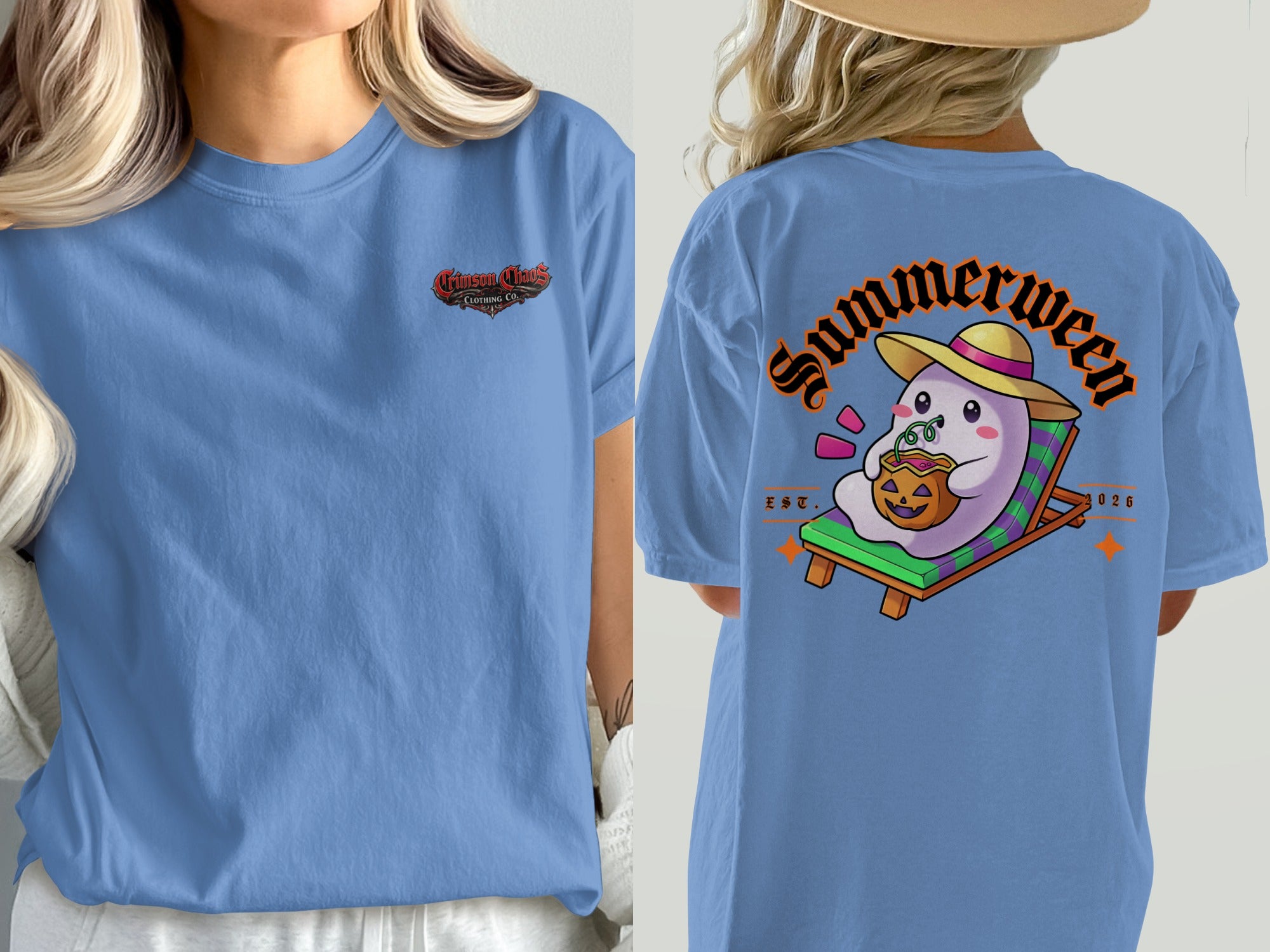 Blue t-shirt with "Crimson Chaos Clothing Co." logo on front and "Summeween" ghost graphic on back.
