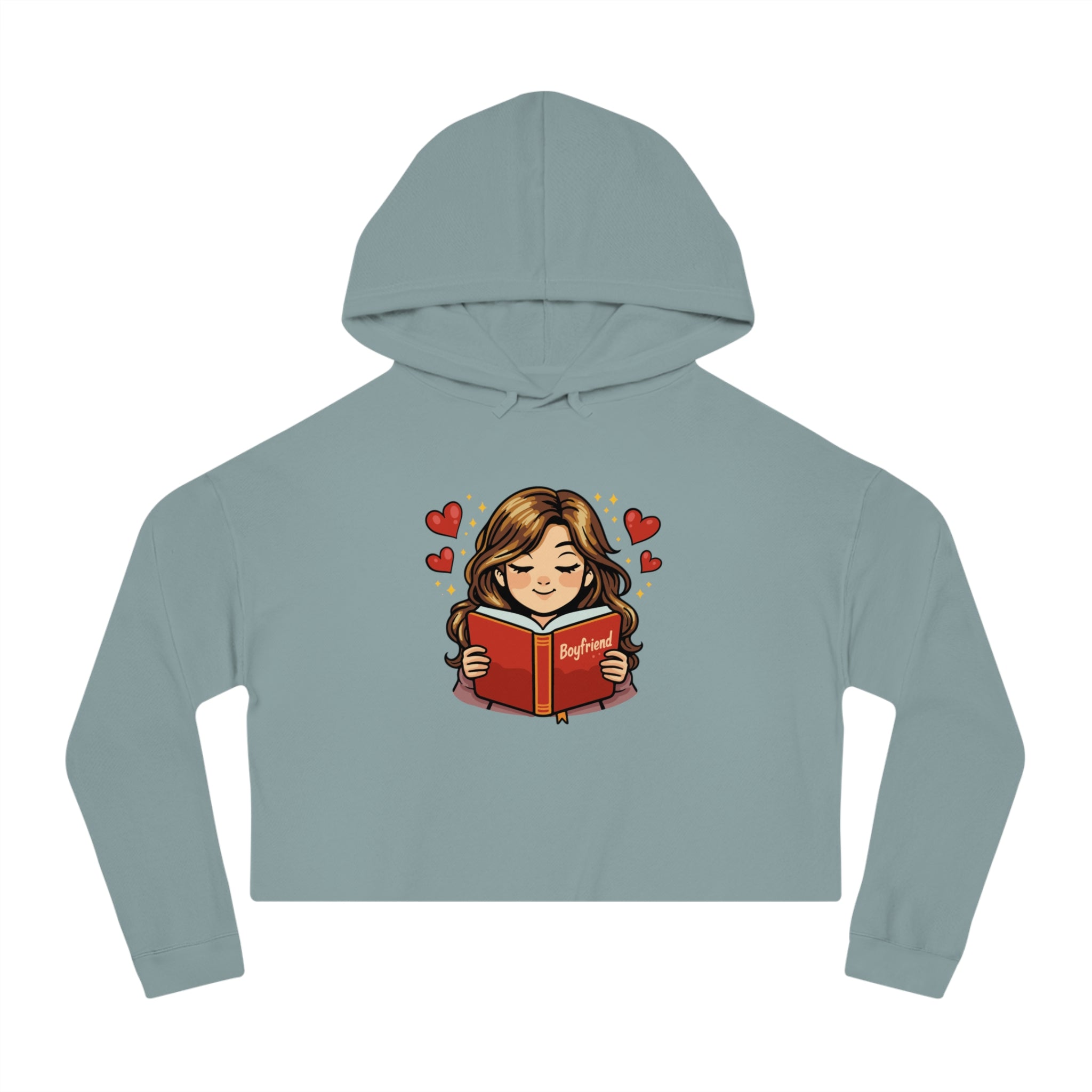 Cropped hoodie with cartoon girl reading a book titled "Boyfriend".