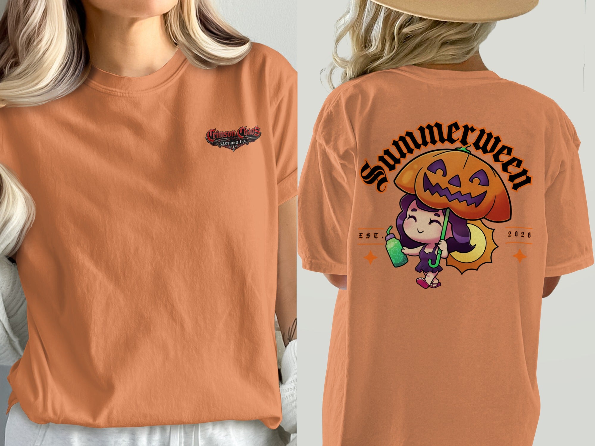 Orange t-shirt with "Crimson Chaos Clothing Co." on front and "Summerween" with anime character on back.